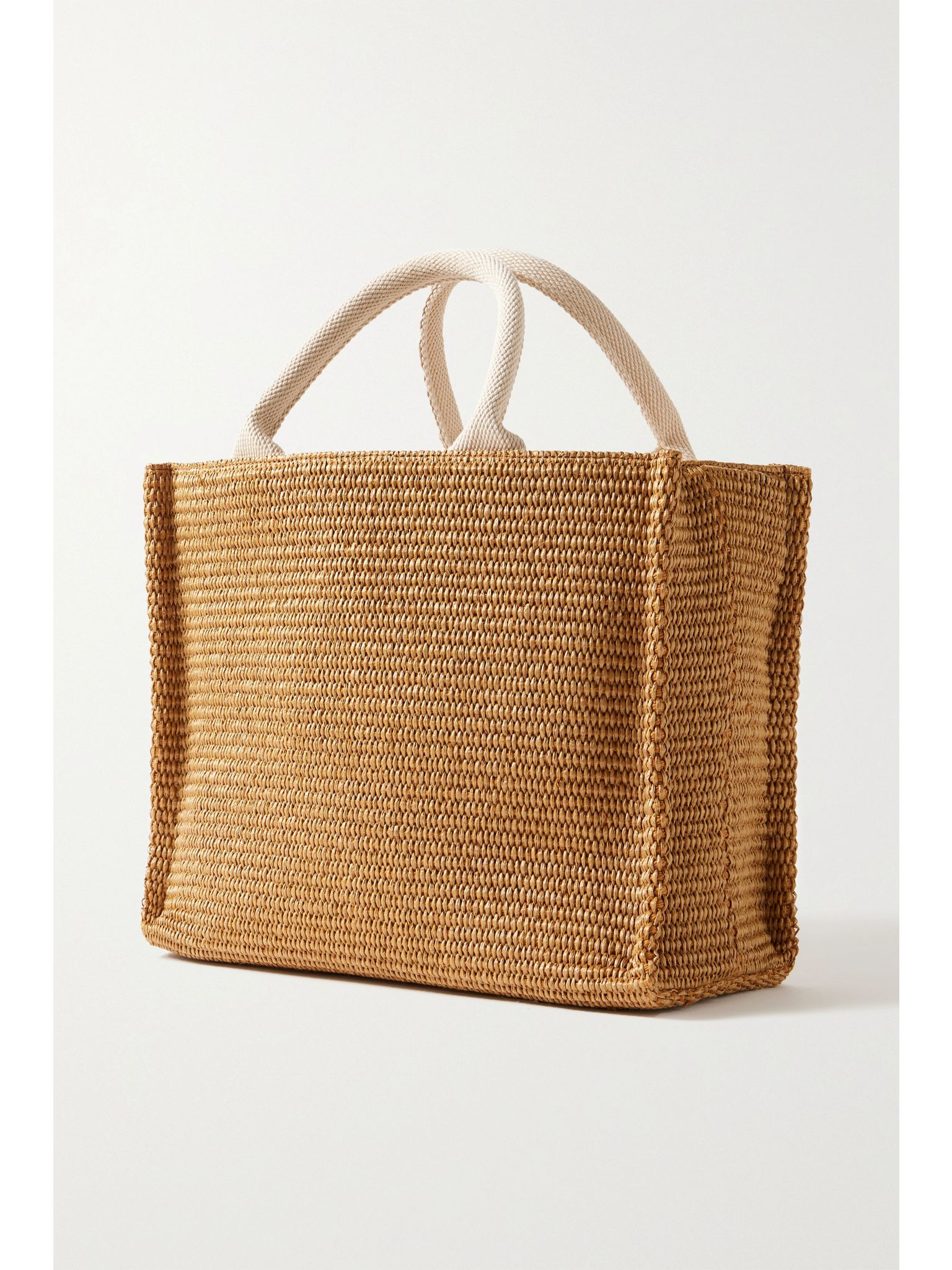 Basket small canvas-trimmed embroidered faux raffia tote Neutral - 3
