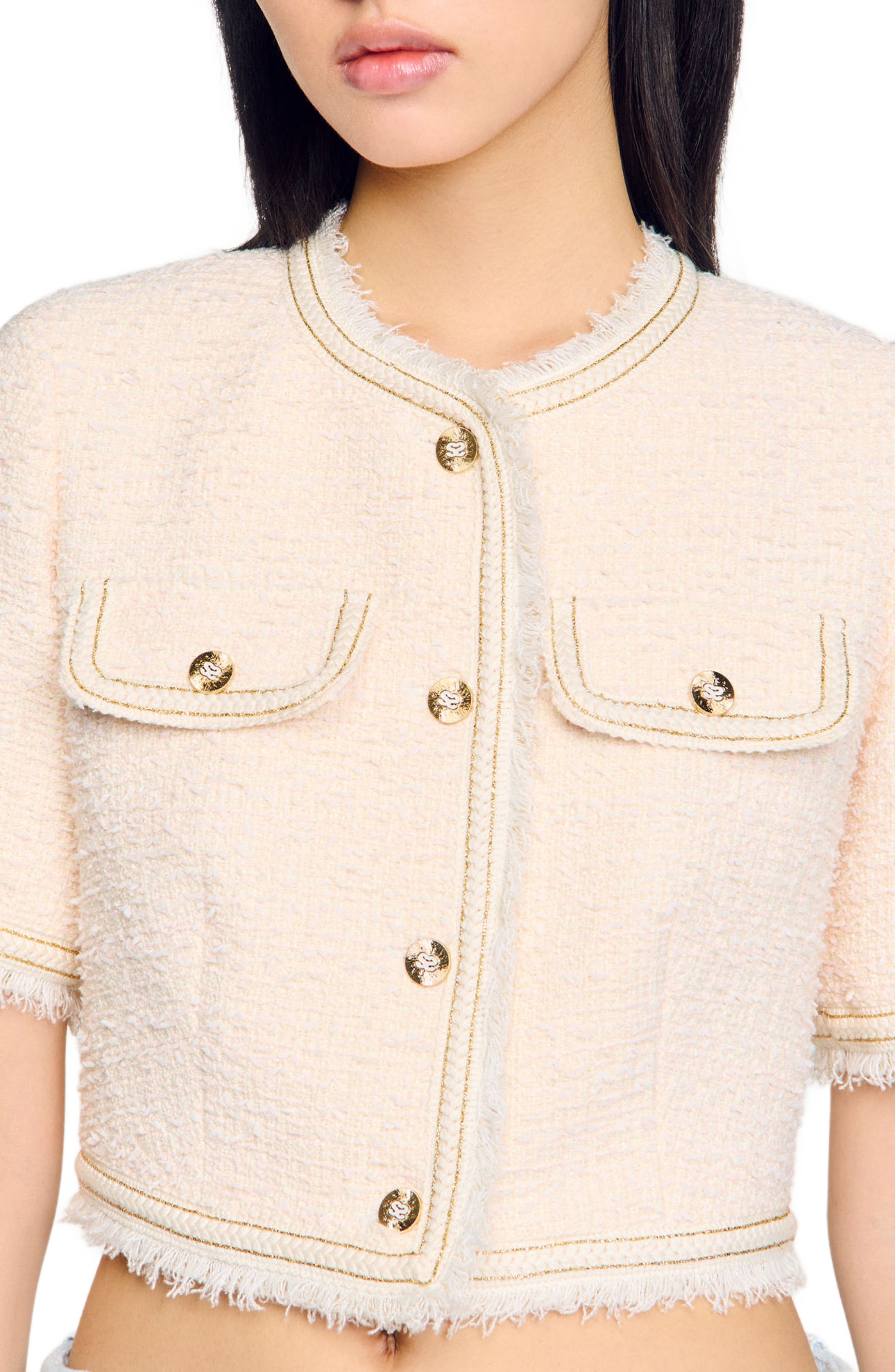 SANDRO Short-sleeved tweed jacket in Ecru /Pink at Nordstrom - 4