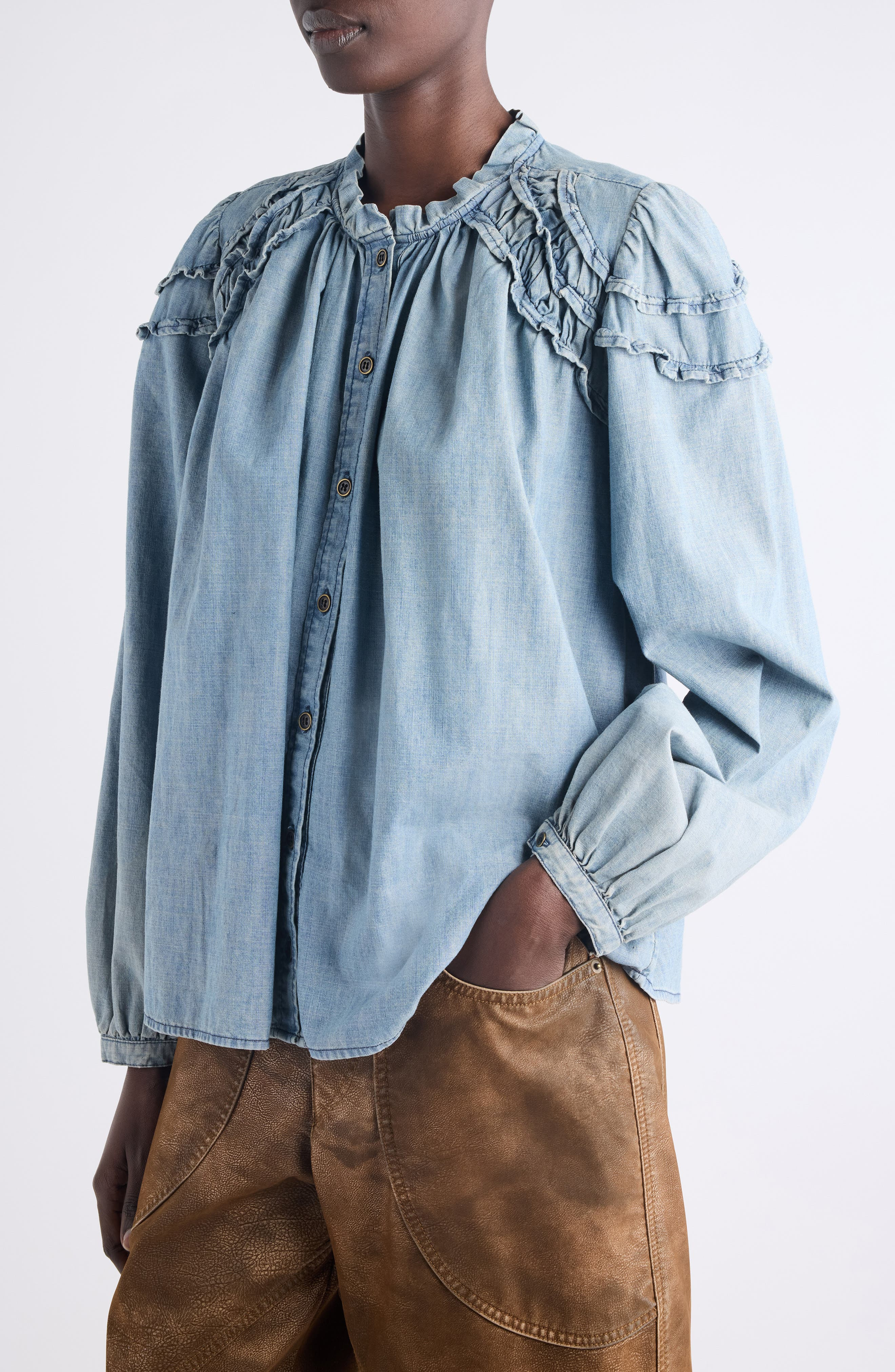 Isabel Marant Étoile Milya Ruffle Denim Button-Up Shirt in Blue at Nordstrom - 5