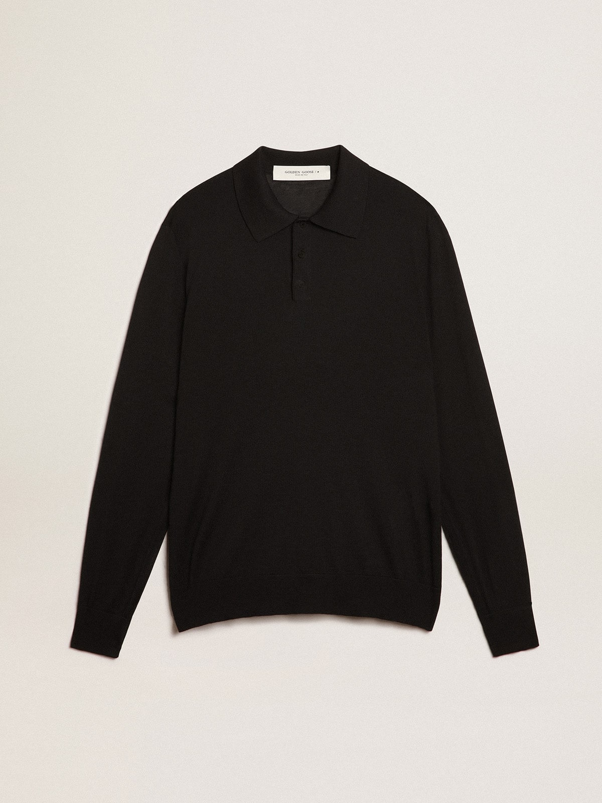 Men’s long-sleeved polo shirt in black merino wool - 1