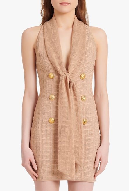 Short beige eco-designed knit dress with Balmain monogram - 5