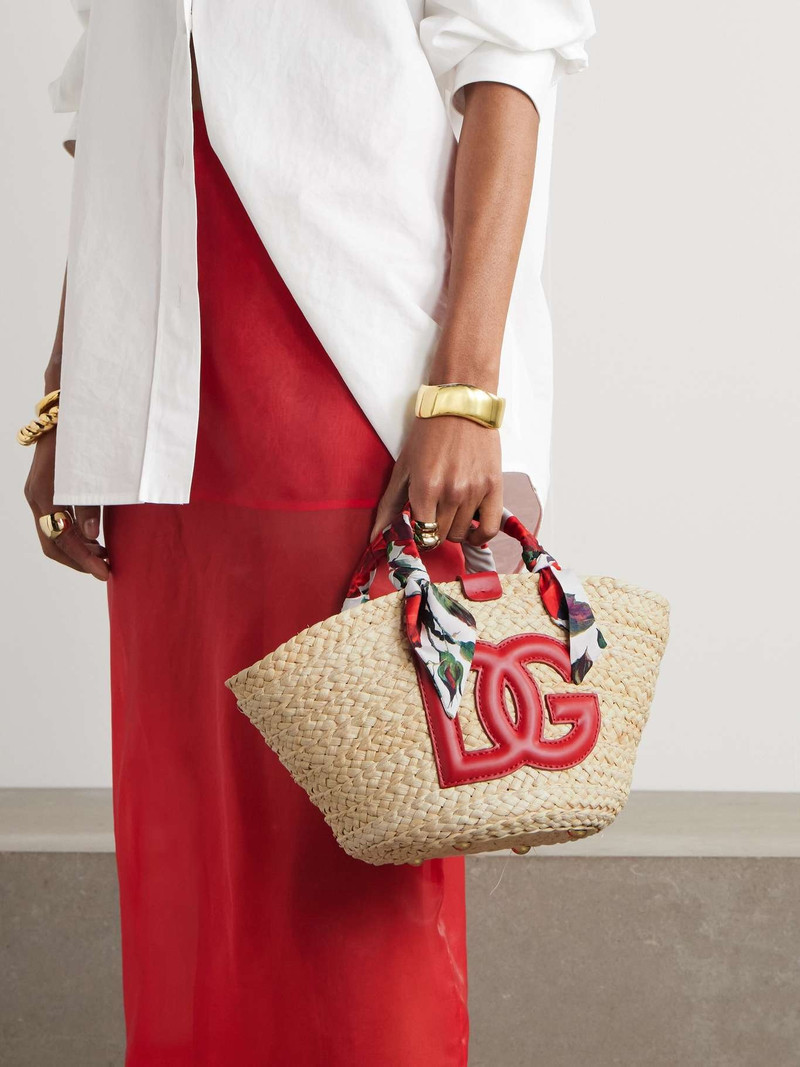 Dolce & Gabbana Kendra floral-print silk-twill and leather-trimmed woven straw tote Beige outlook