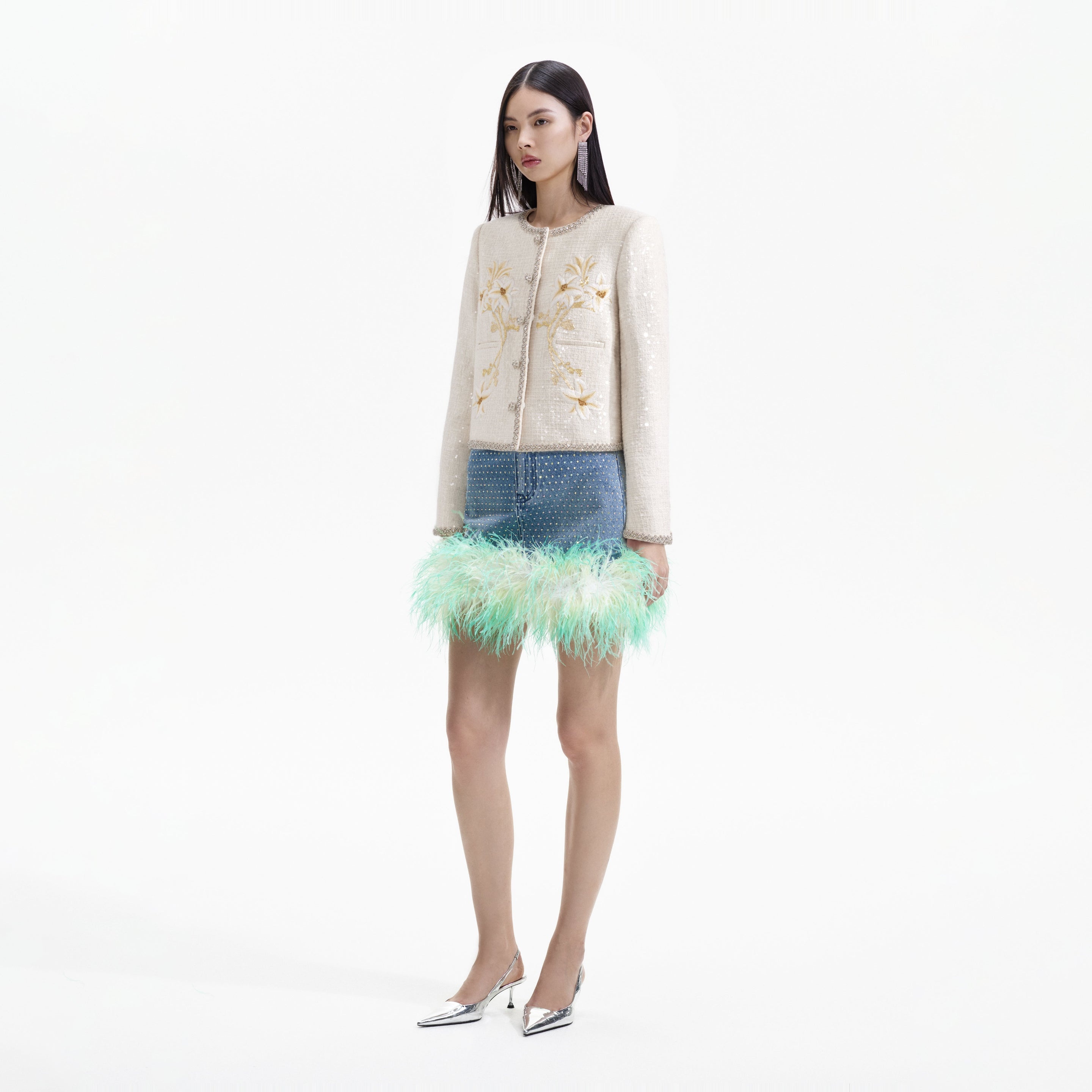 Cream Embroidered Boucle Jacket - 2