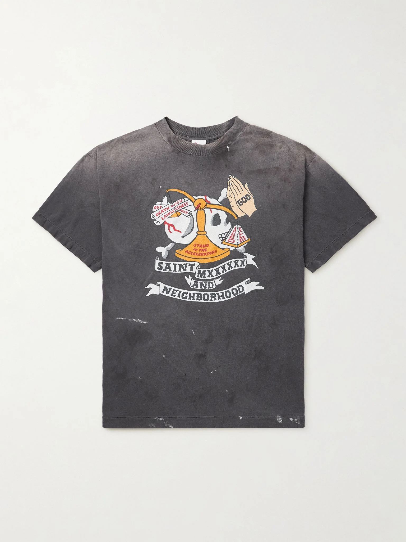 + Neighborhood Distressed Logo-Print Cotton-Jersey T-Shirt Gray - 1