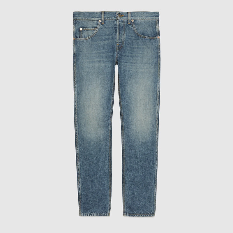 Denim pant with leather label 1