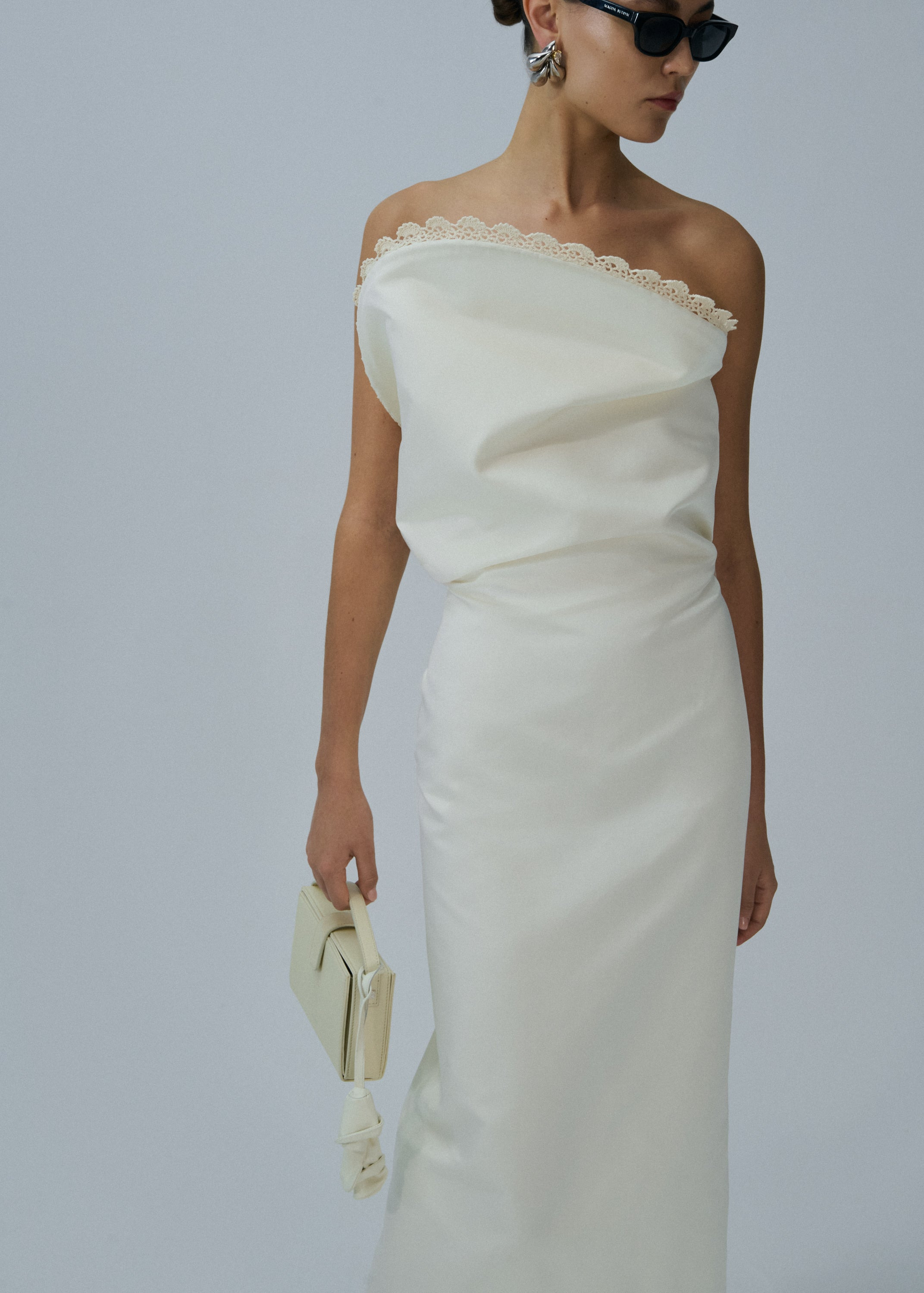 Lace trim sculptural midi dress in cream - 3