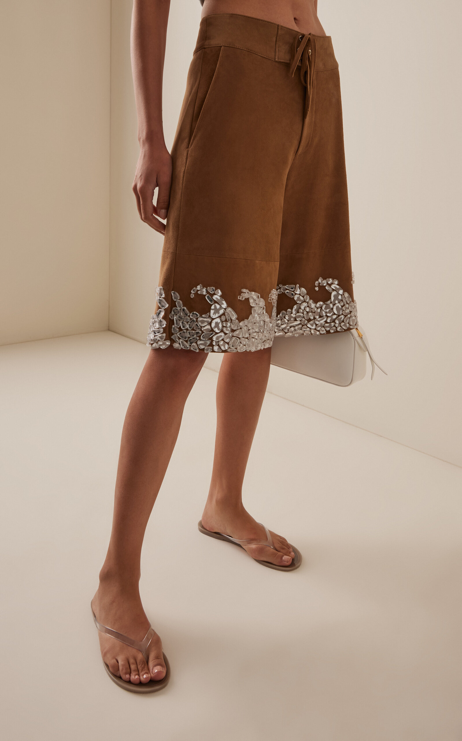 Corrode Wave Embellished Suede Shorts tan - 3