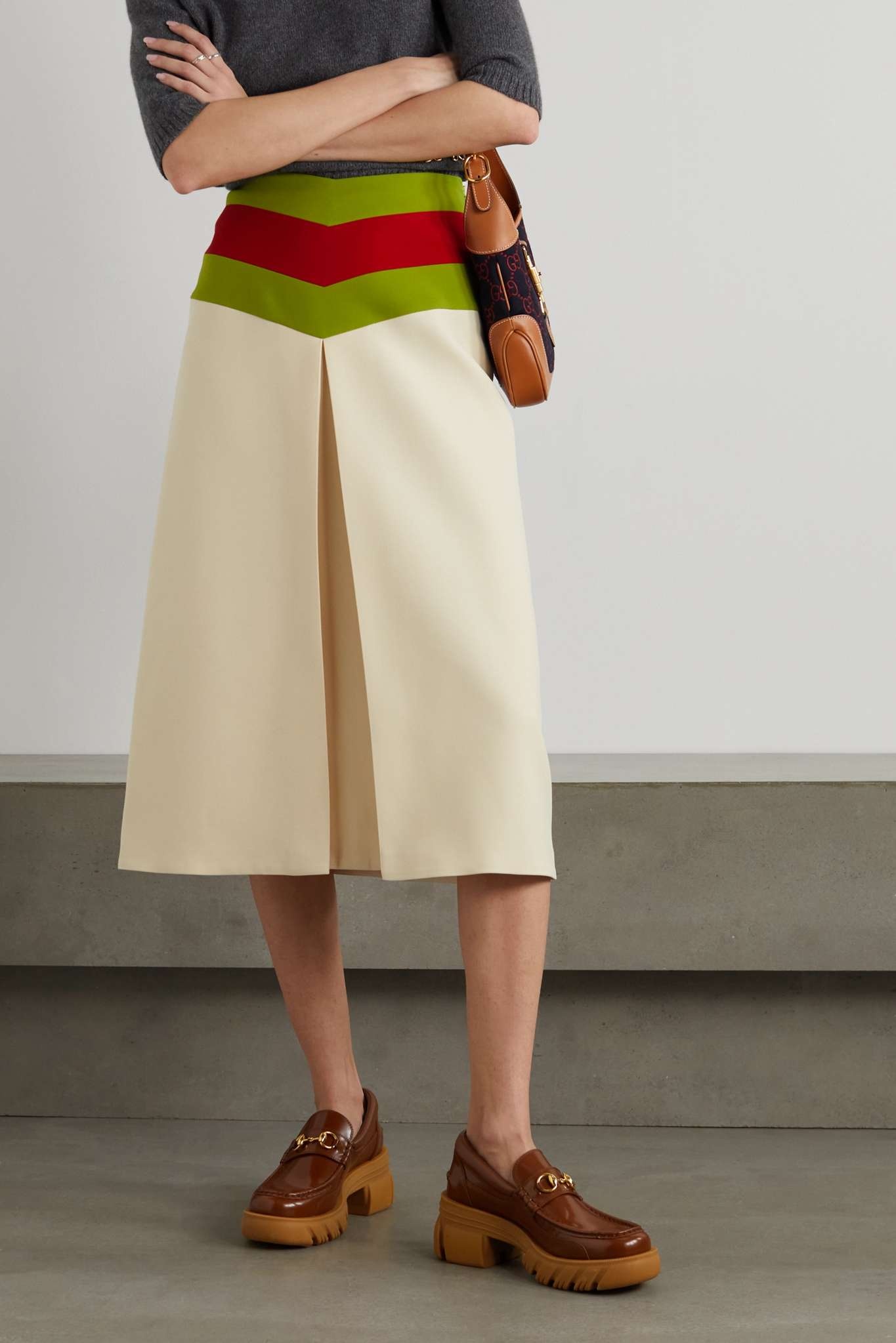 Aria pleated striped silk and wool-blend crepe midi skirt - 3