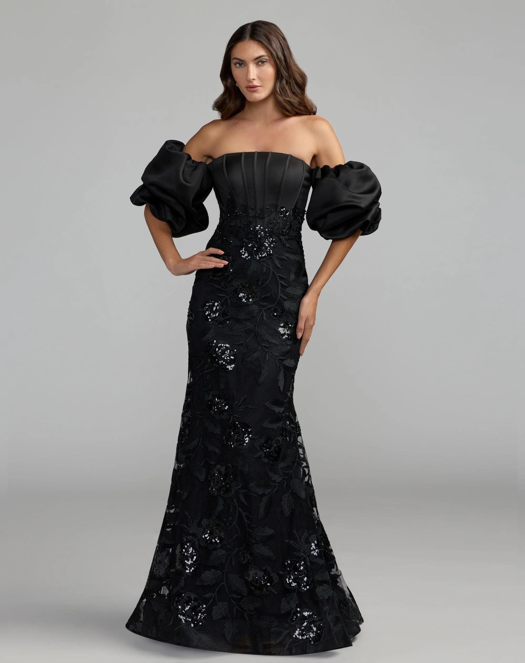 Black Satin Off The Shoulder Embroidered Mermaid Gown - 1