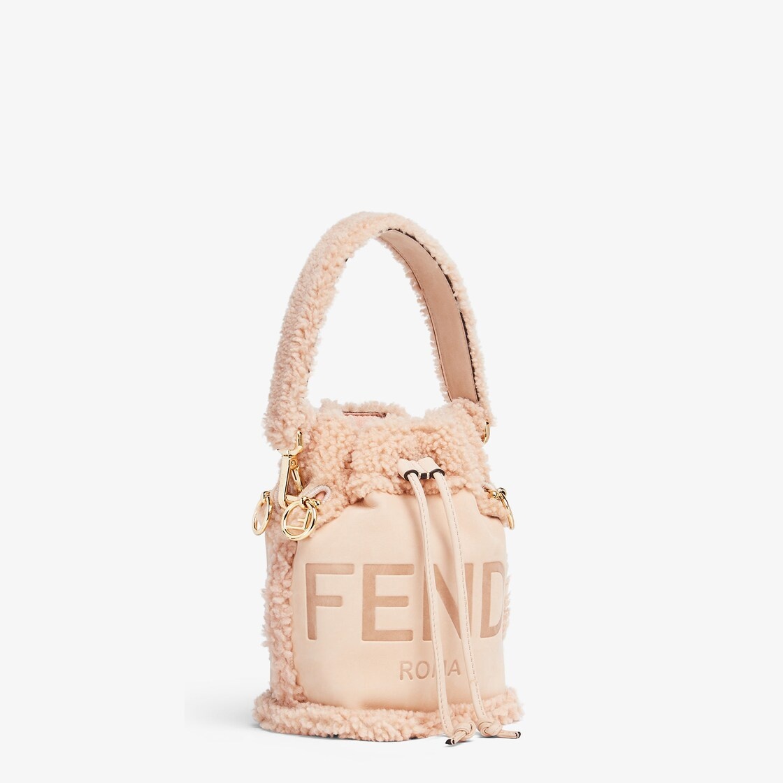 Small Mon Tresor bucket bag made of pale pink nubuck, embellished with tone on tone sheepskin and FE - 2