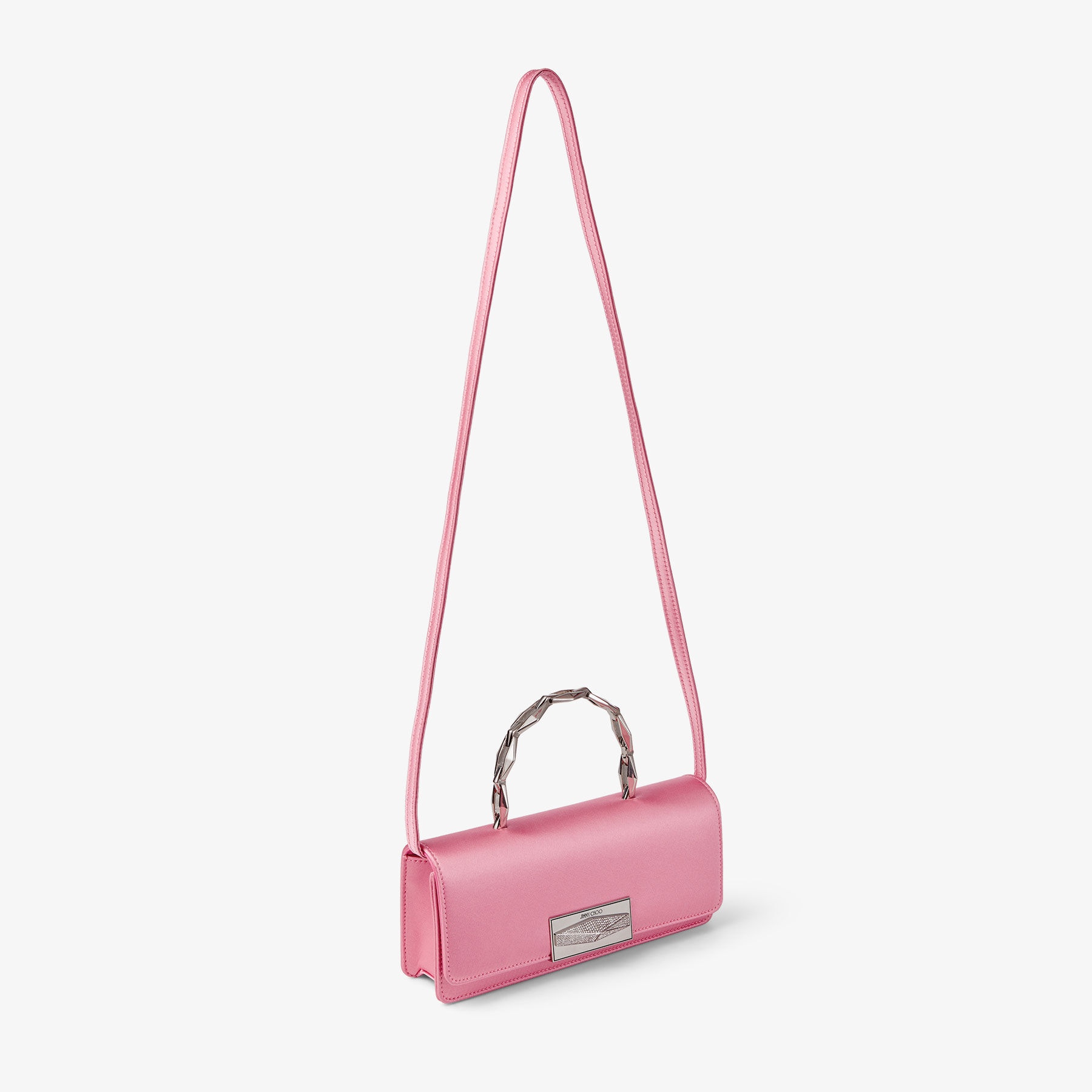 Diamond Chain Top Handle
Candy Pink Satin Top Handle Bag with Diamond Pave Lock - 5