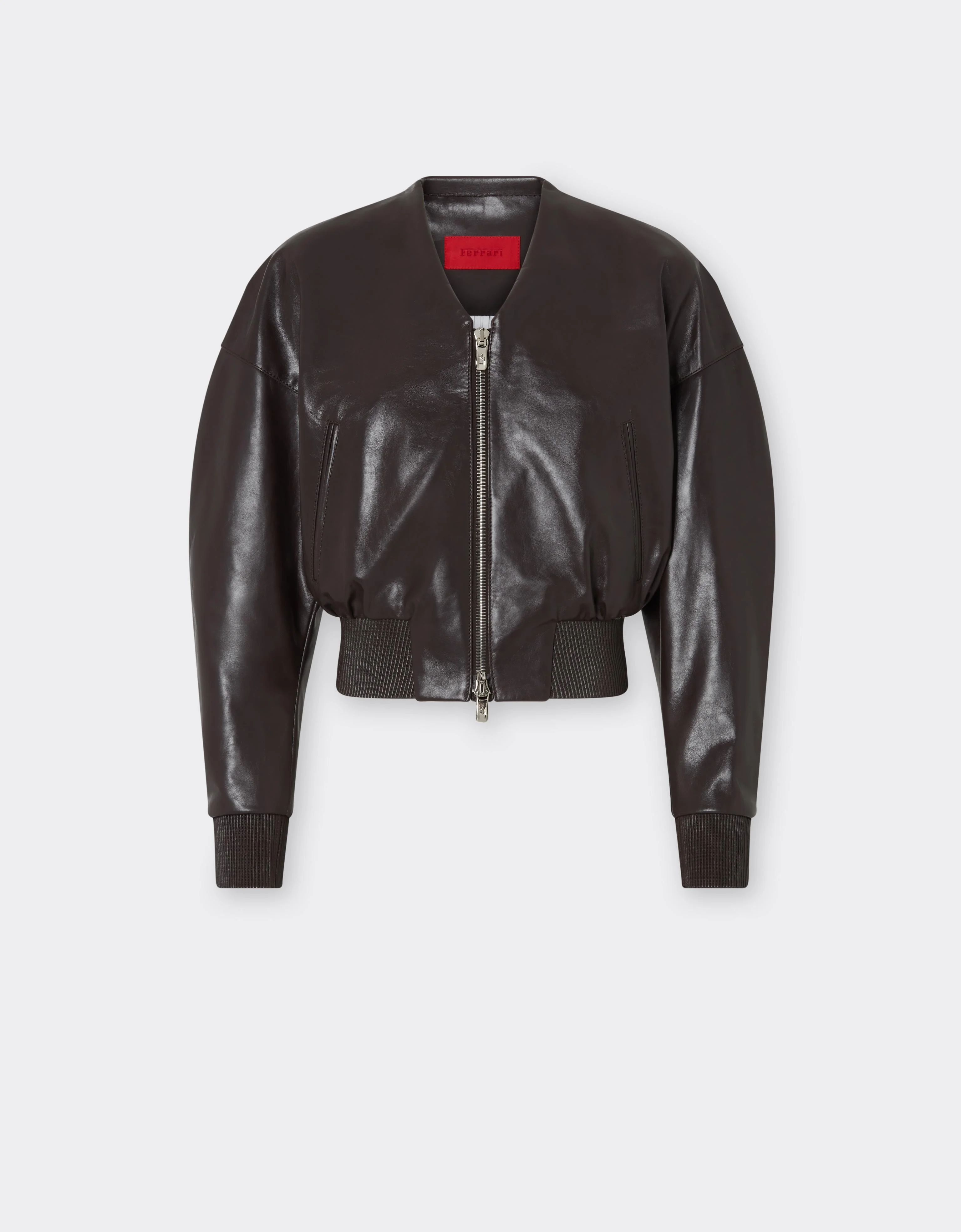 Glossy Leather Bomber Jacket with V-neck - 1