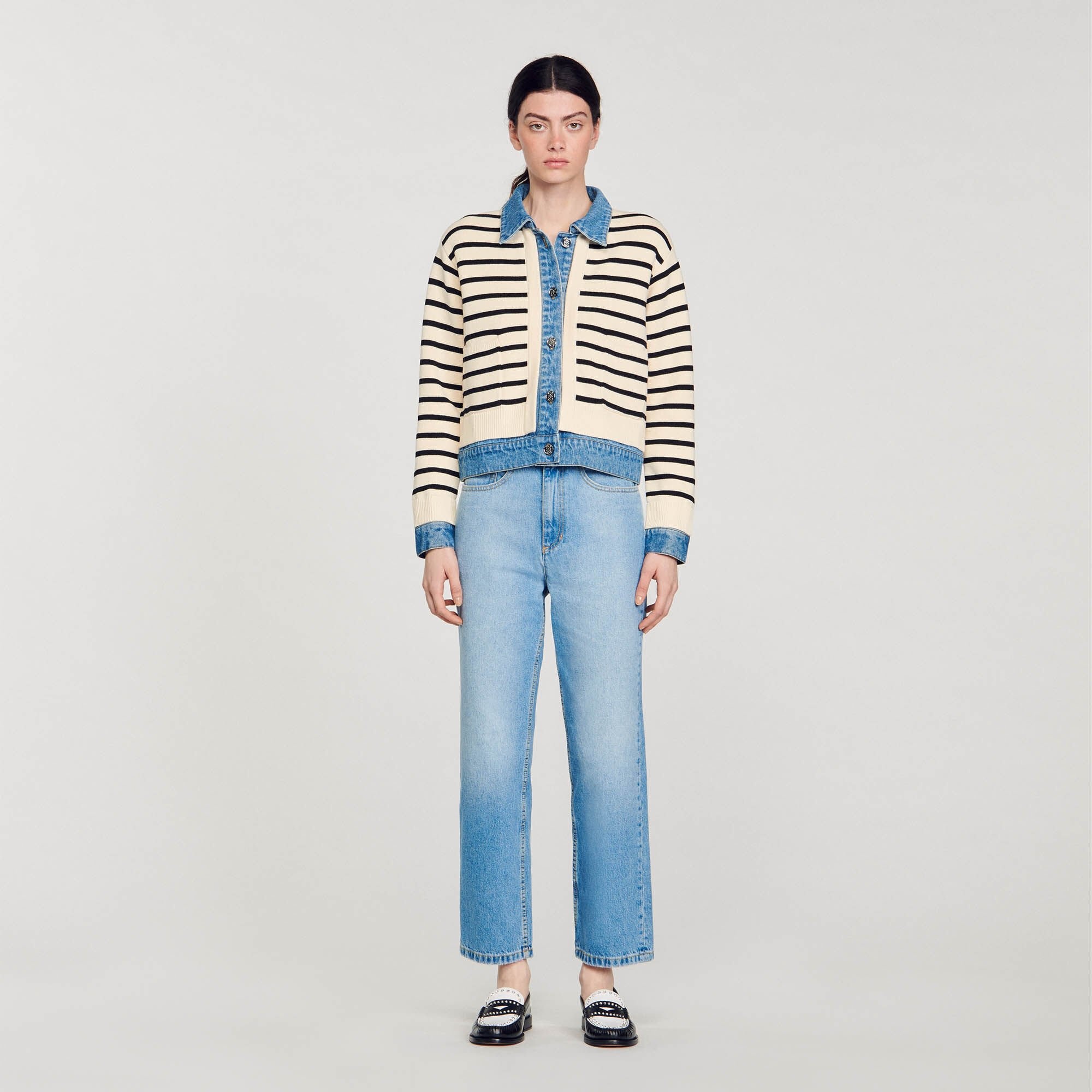 STRIPY KNIT AND DENIM COATIGAN - 3