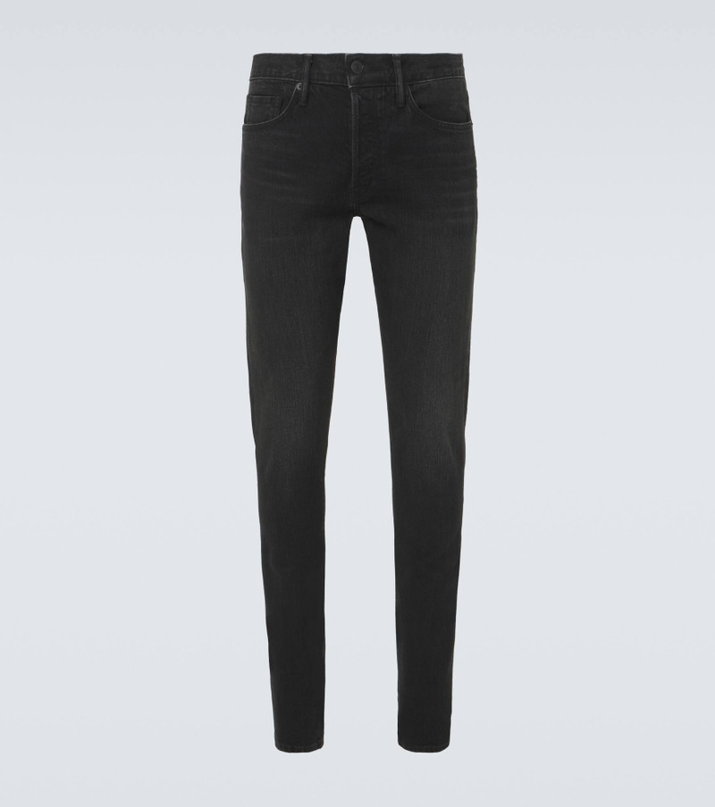 Leather-trimmed slim jeans 1