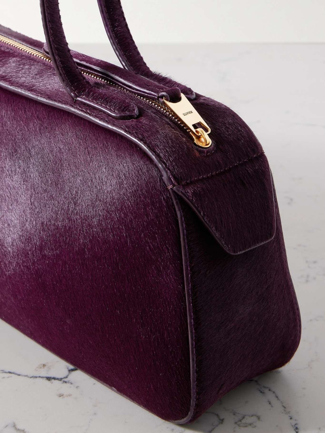 Simona leather-trimmed calf hair shoulder bag Burgundy - 4