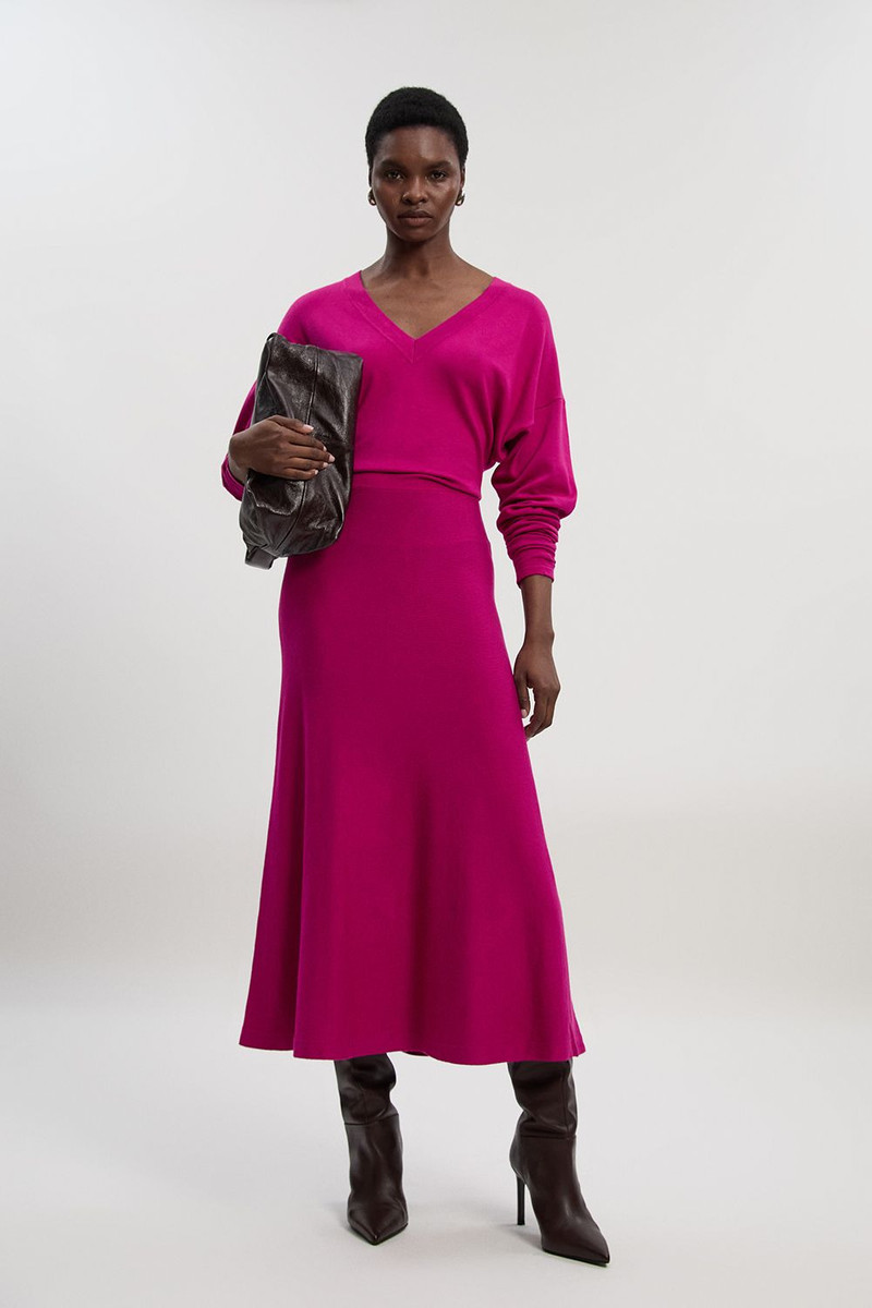 Viscose Blend V Neck Knit Midi Dress 1