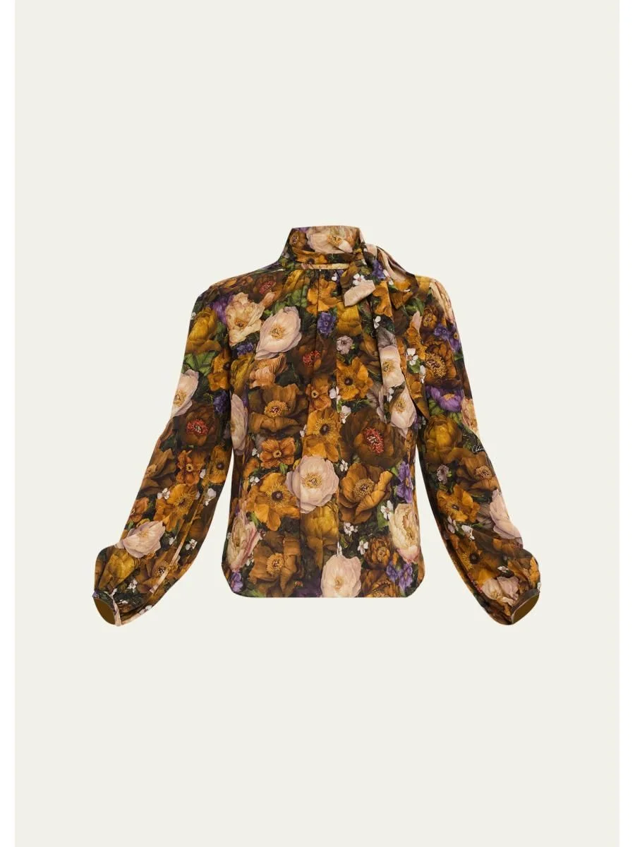 Joan Floral Silk Neck Scarf Long-Sleeve Top - 1