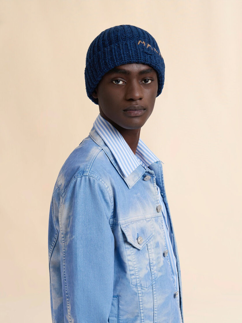 Marni DEEP BLUE RIBBED BEANIE WITH HAND-STITCHED LOGO outlook