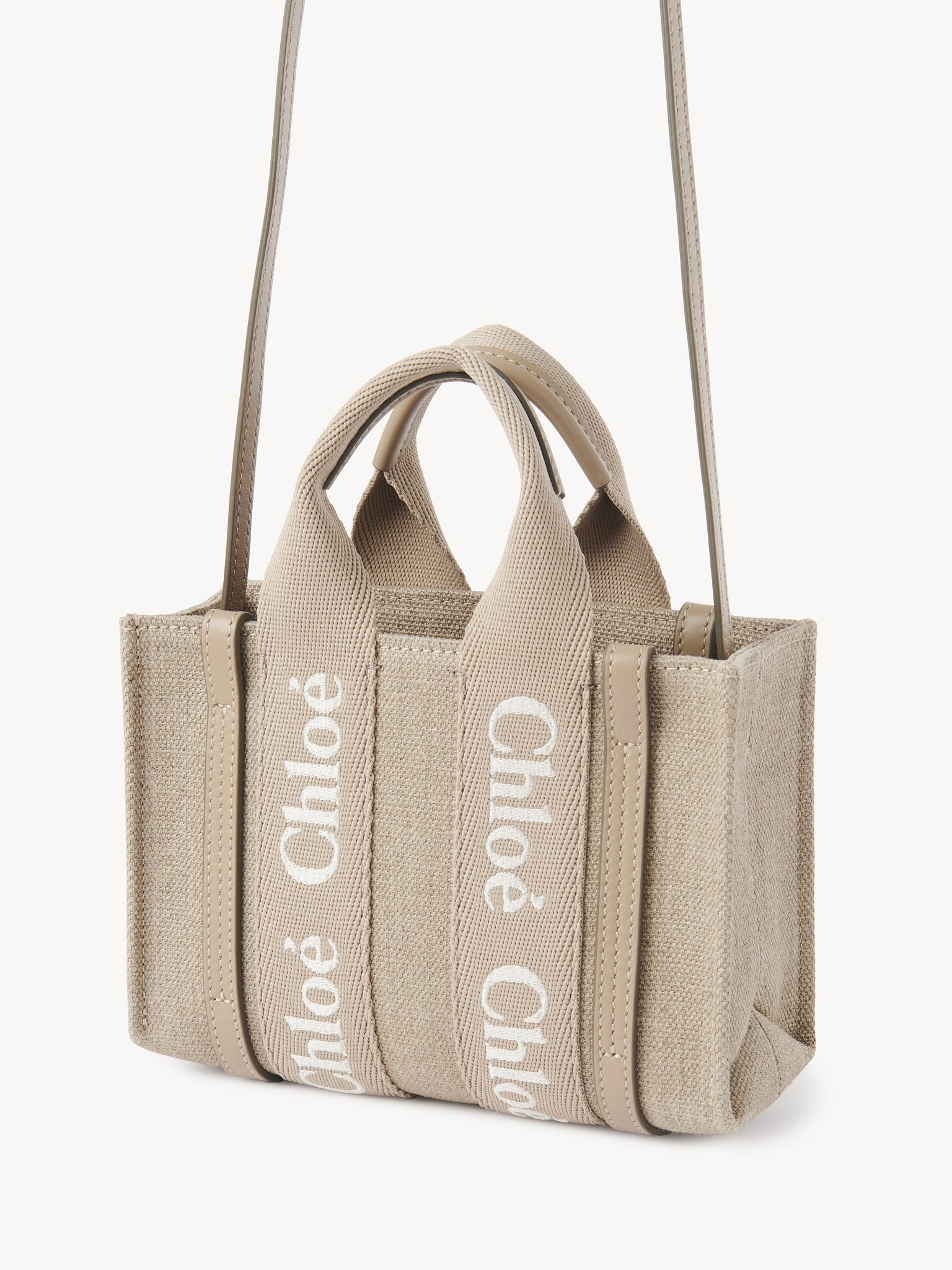 MINI WOODY TOTE BAG IN LINEN & LEATHER - 2