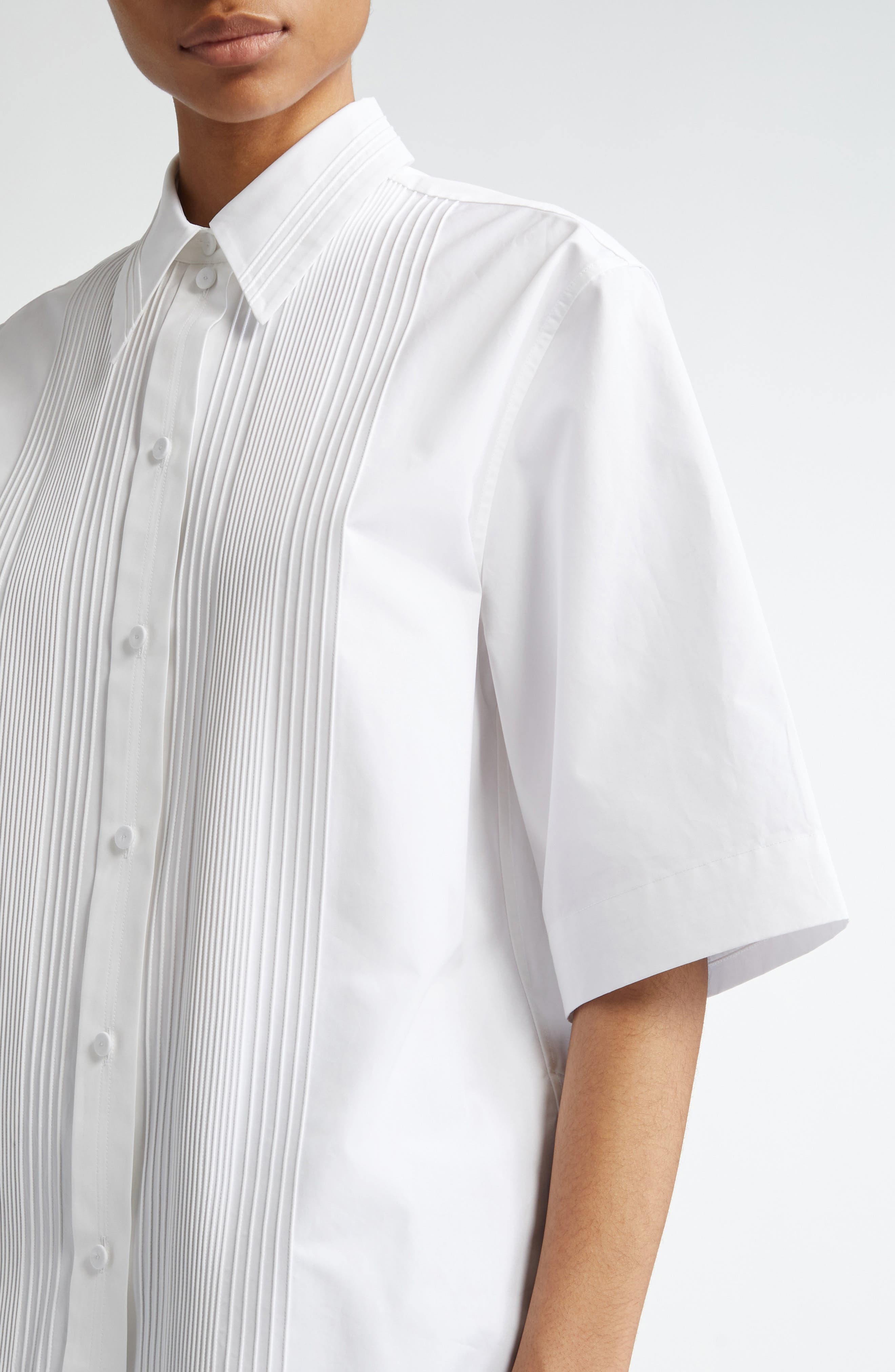 Jil Sander Pintuck Short Sleeve Cotton Button-Up Shirt in Optic White at Nordstrom - 5