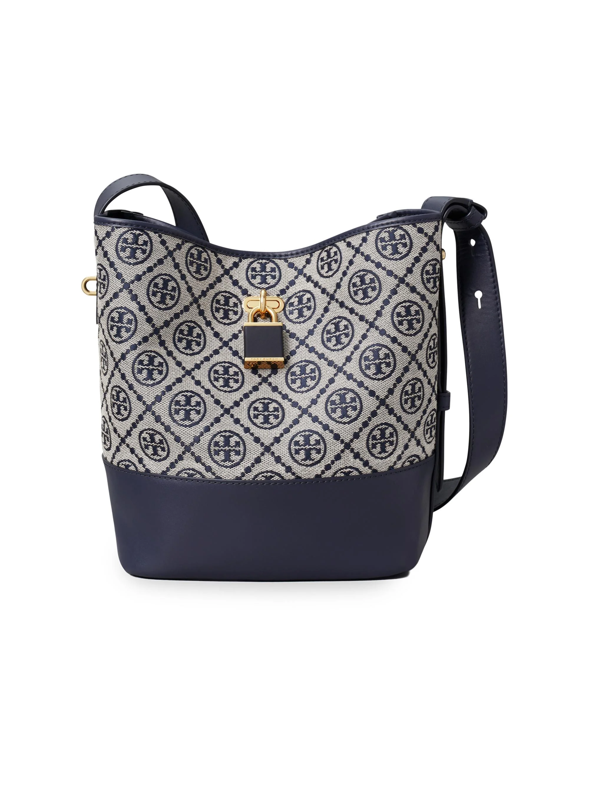 Women's Lock T Monogram Slim Medium Bucket Bag - Tory Navy - 1