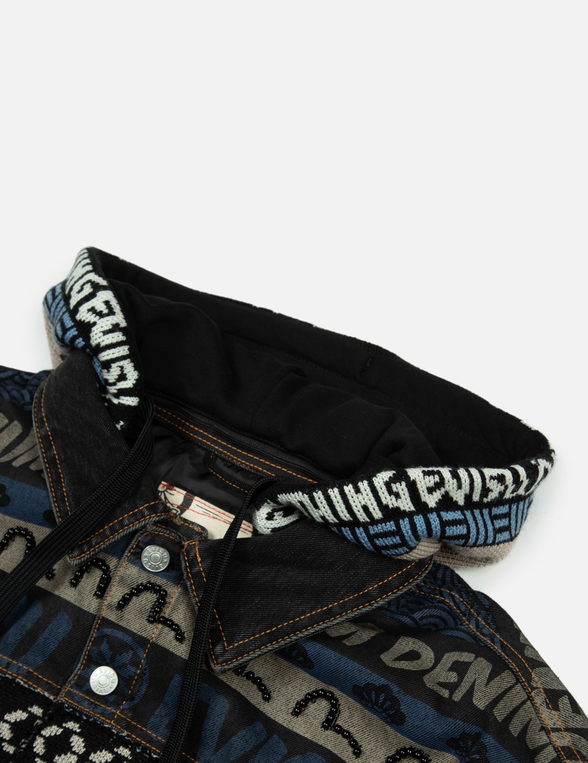 FAIR ISLE PATTERN WITH PERAL STUD KNITTED PANEL LOOSE FIT HOODED DENIM JACKET - 4
