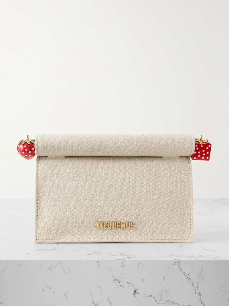 Pochette small embellished leather-trimmed canvas clutch Beige 1
