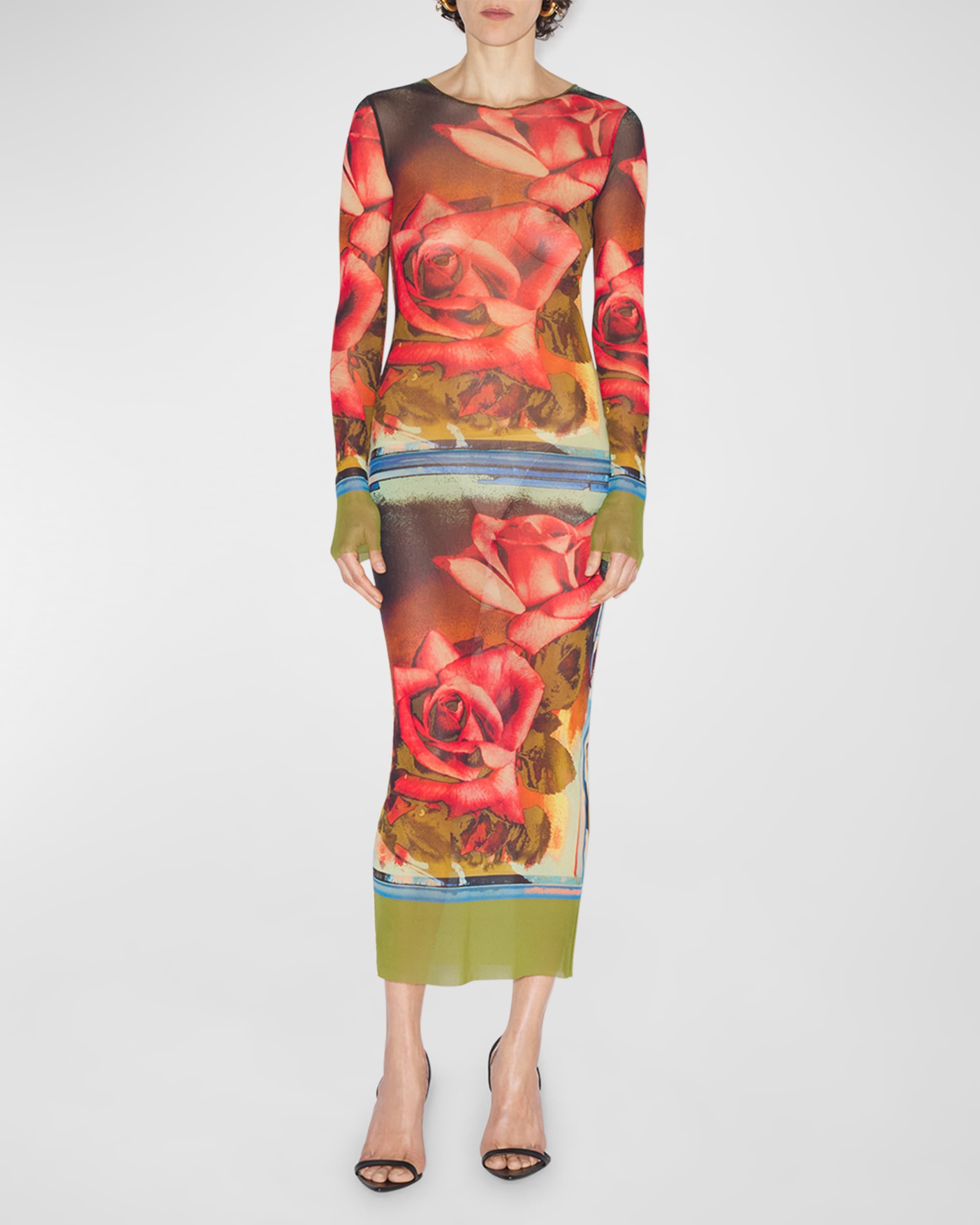Roses-Print Long-Sleeve Mesh Maxi Dress - 1