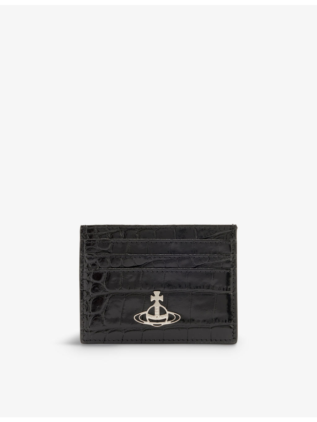 Orb-logo croc-embossed leather card holder - 1