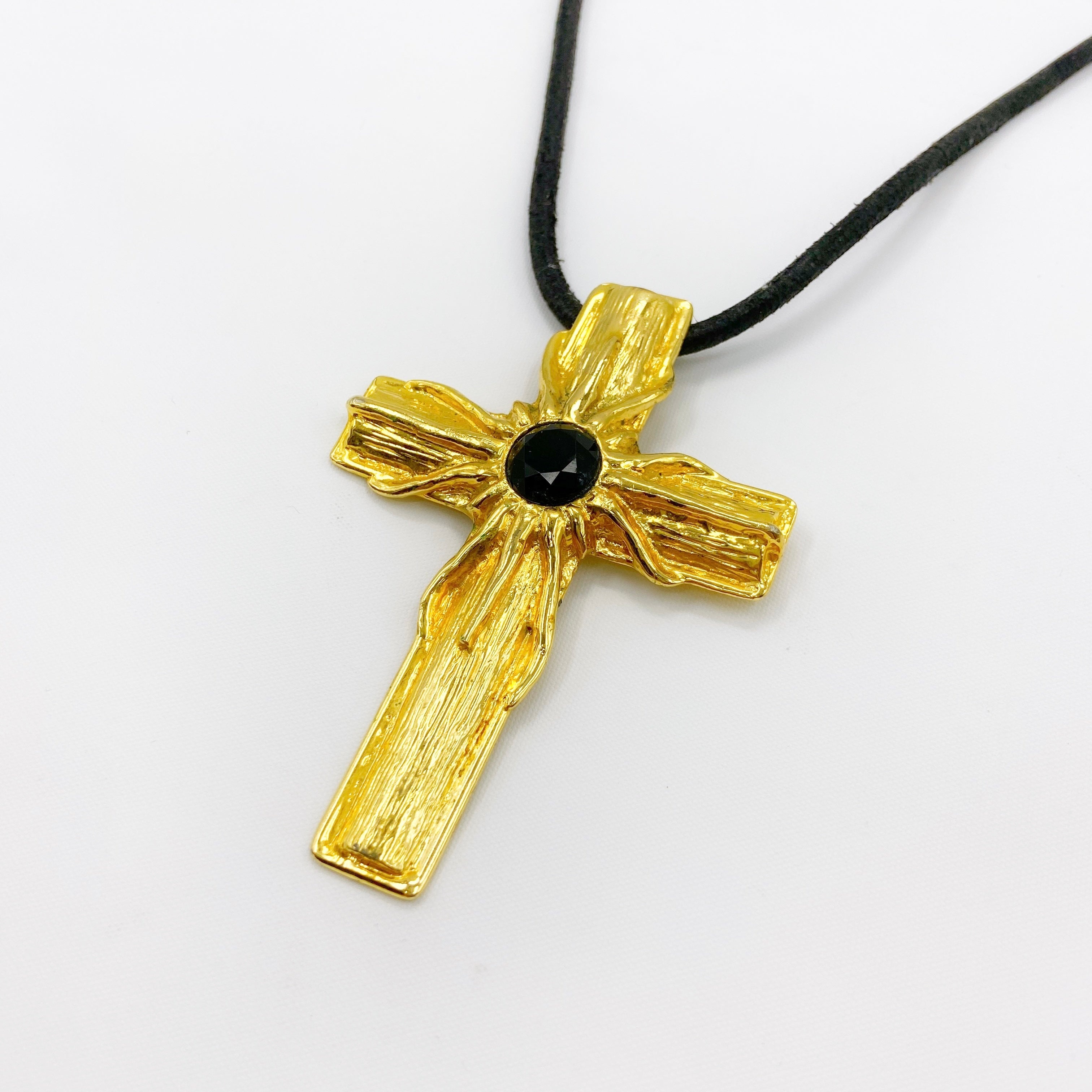 Gianni Versace Sping 1993 Statement Black Gem Giant Gold Cross Necklace with Leather Strap - 10