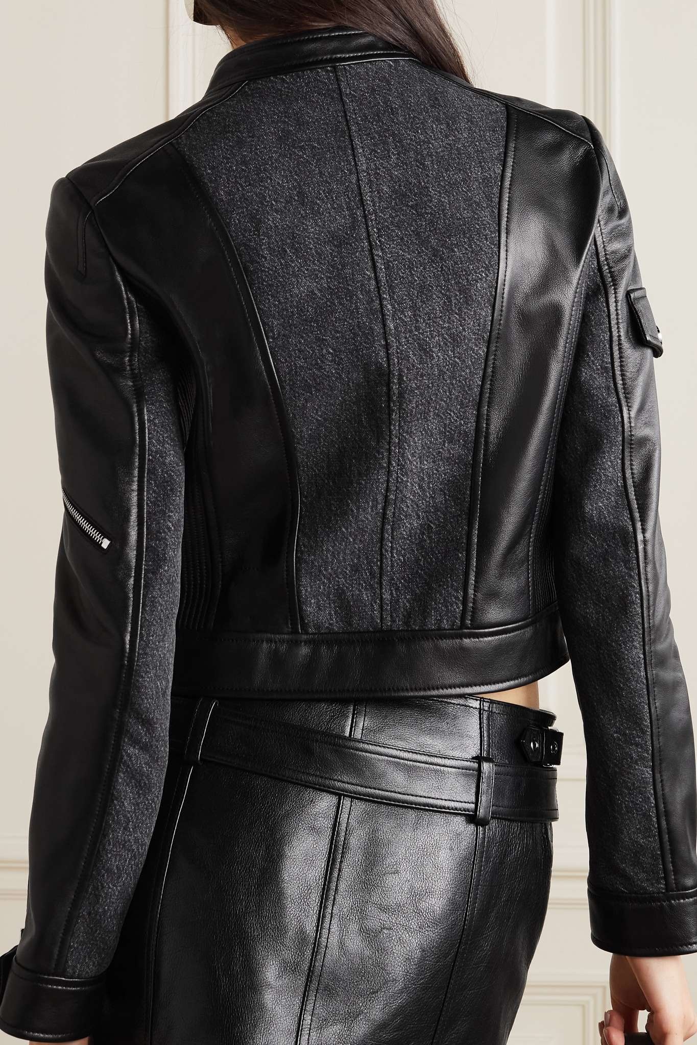 Cropped paneled leather and denim biker jacket - 3