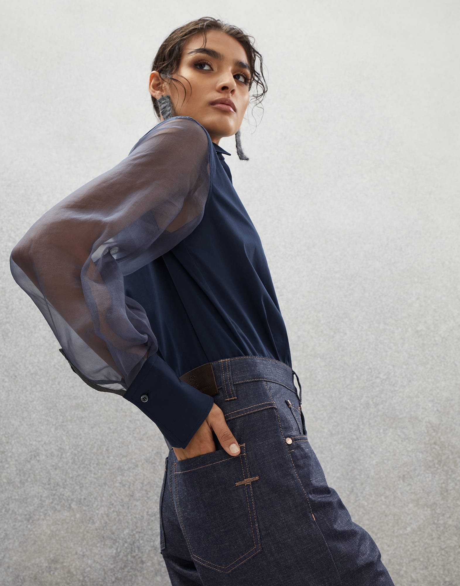 Lightweight wet-effect denim loose five-pocket trousers with shiny bartack - 3