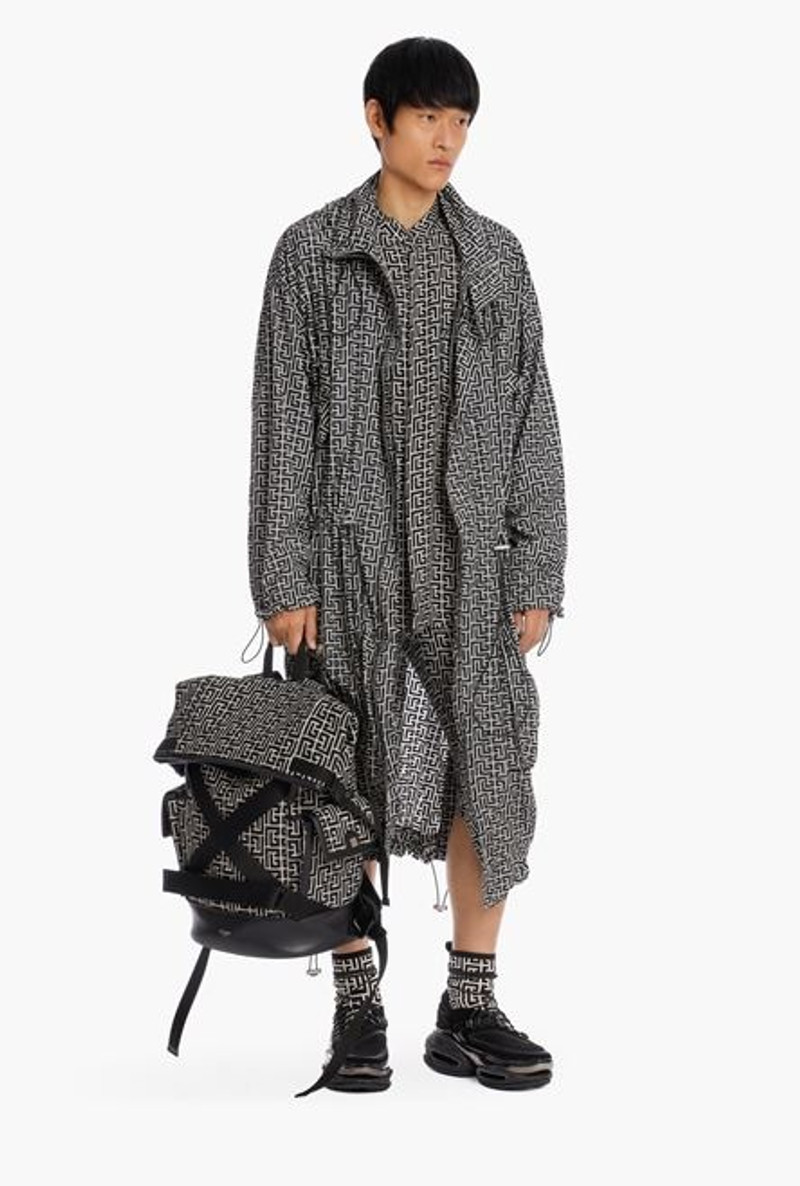 Balmain Long bicolor ivory and black hooded coat with Balmain monogram outlook