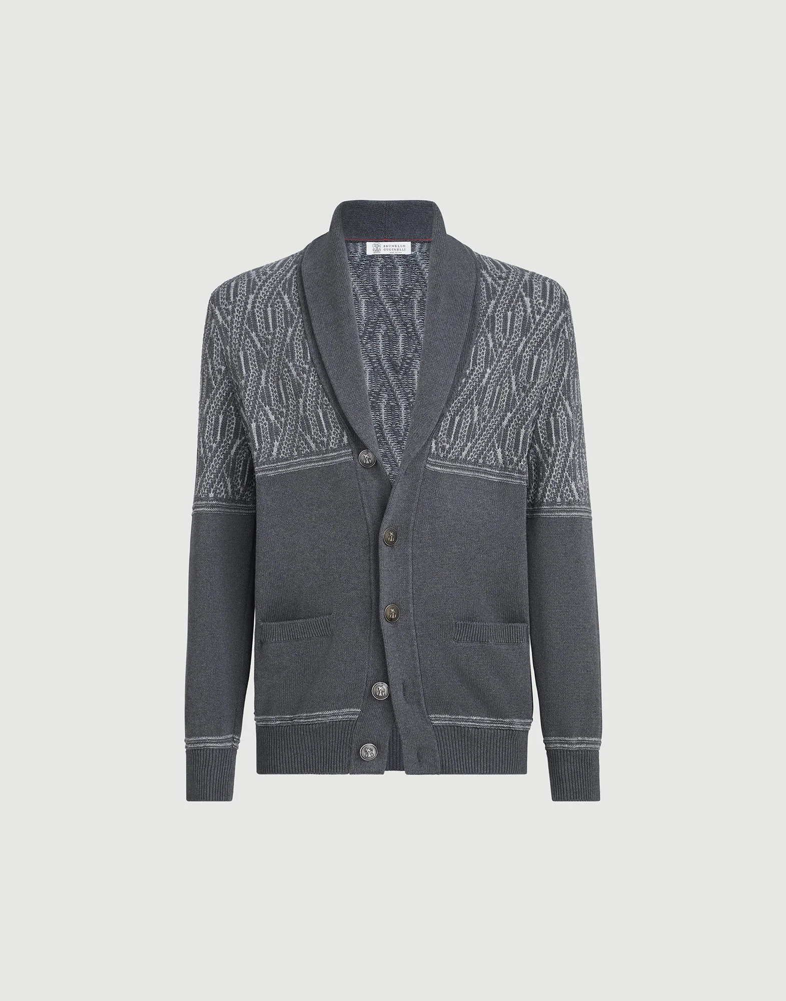Cotton shawl collar cardigan with jacquard cable shoulder - 1