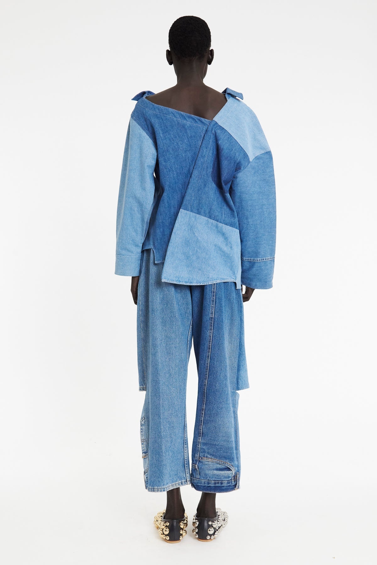 OFF SHOULDER UPCYCLED DENIM BACK TO FRONT SHIRT BLUE - 2