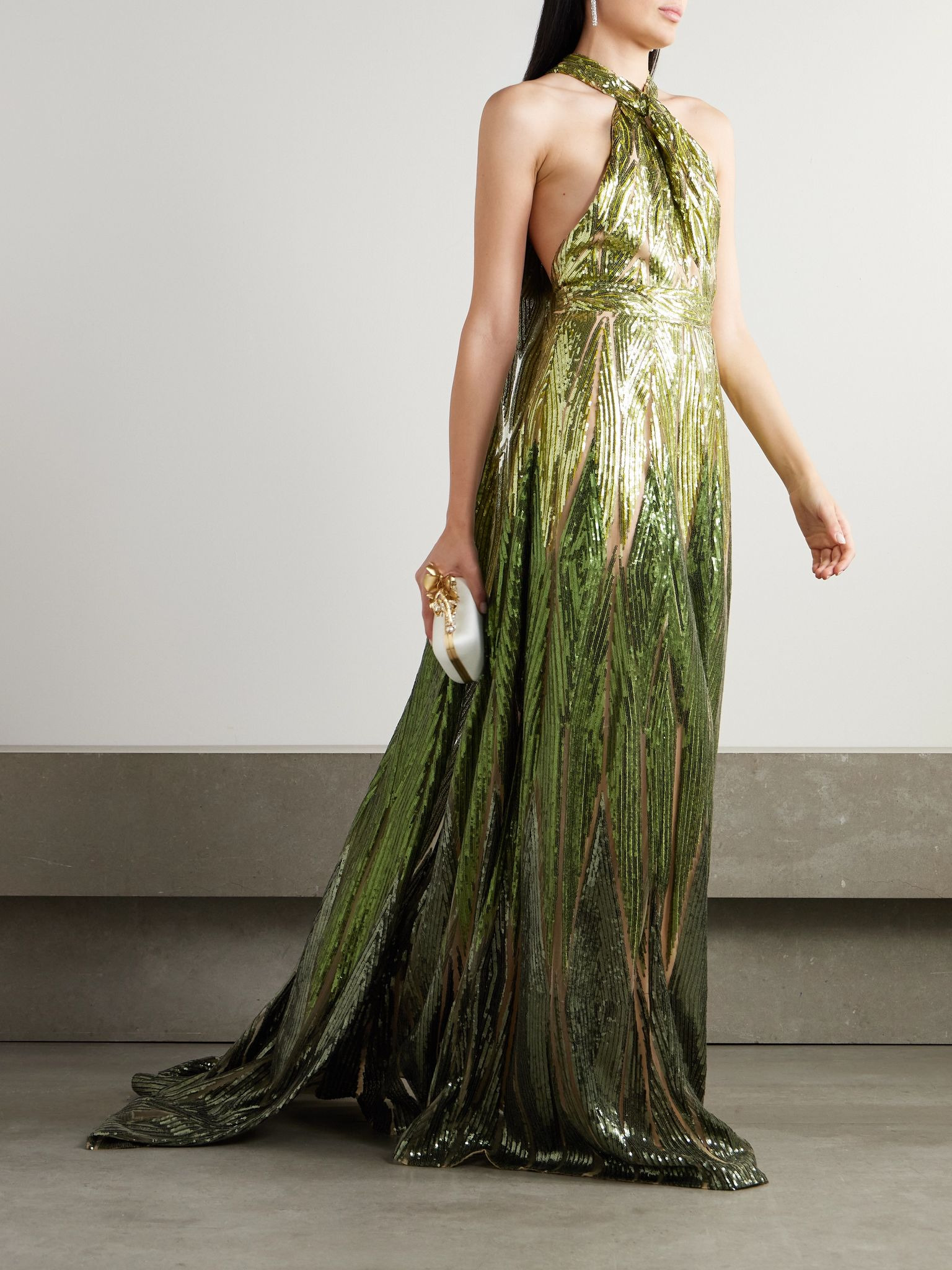 Cape-effect embroidered sequined tulle halterneck gown Green - 2