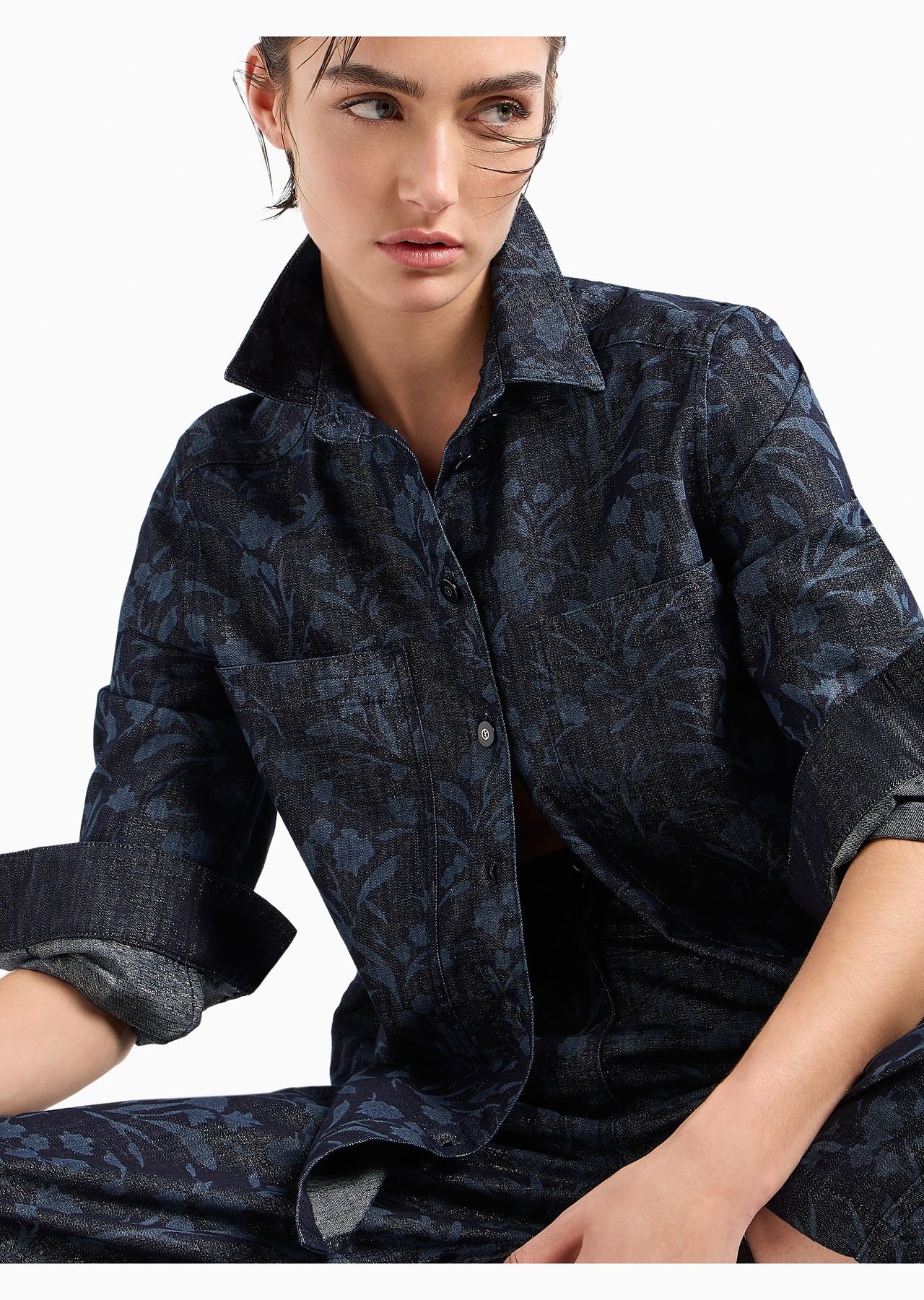 Denim Collection five-pocket wide leg trousers in cotton, viscose and lurex denim with floral motif - 6