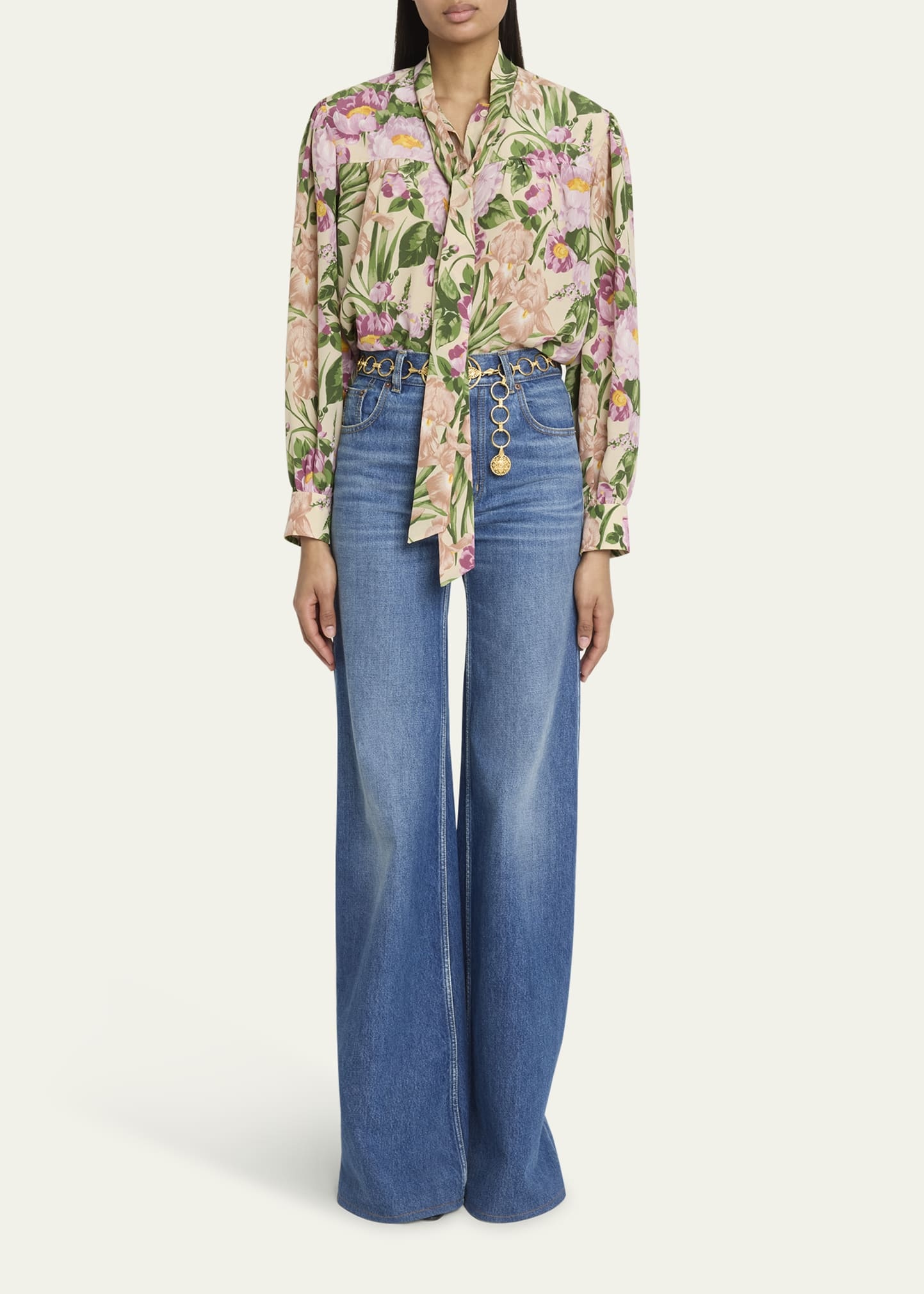 Floral Silk Neck-Tie Button-Down Blouse - 2