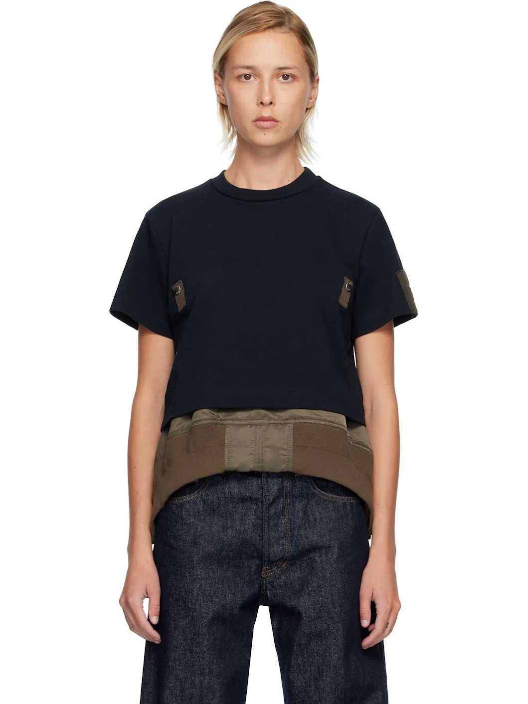Navy Cotton Jersey & Nylon Twill T-shirt - 1