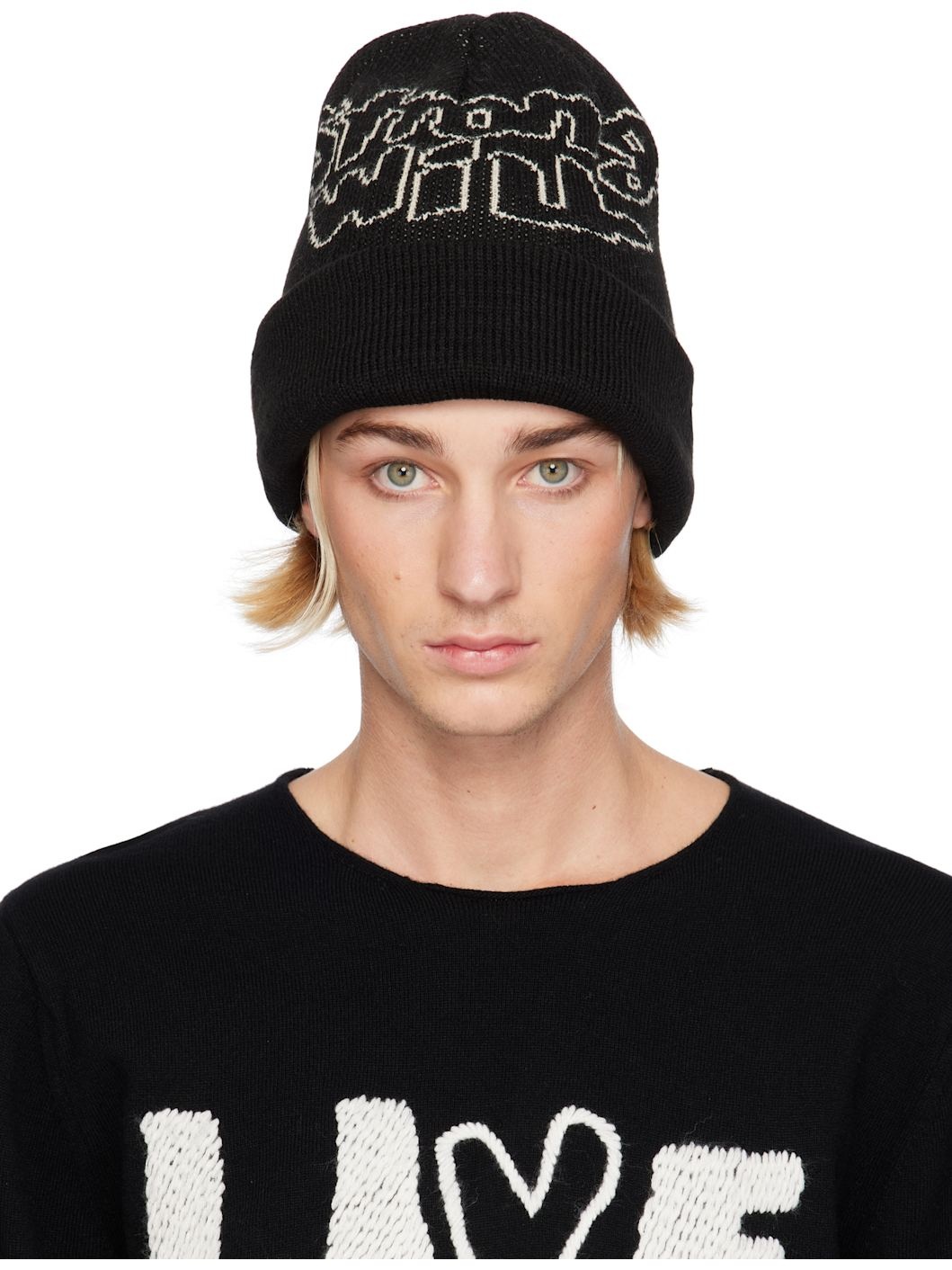 Black Jacquard Knit 'STRONG WILL' Beanie - 1