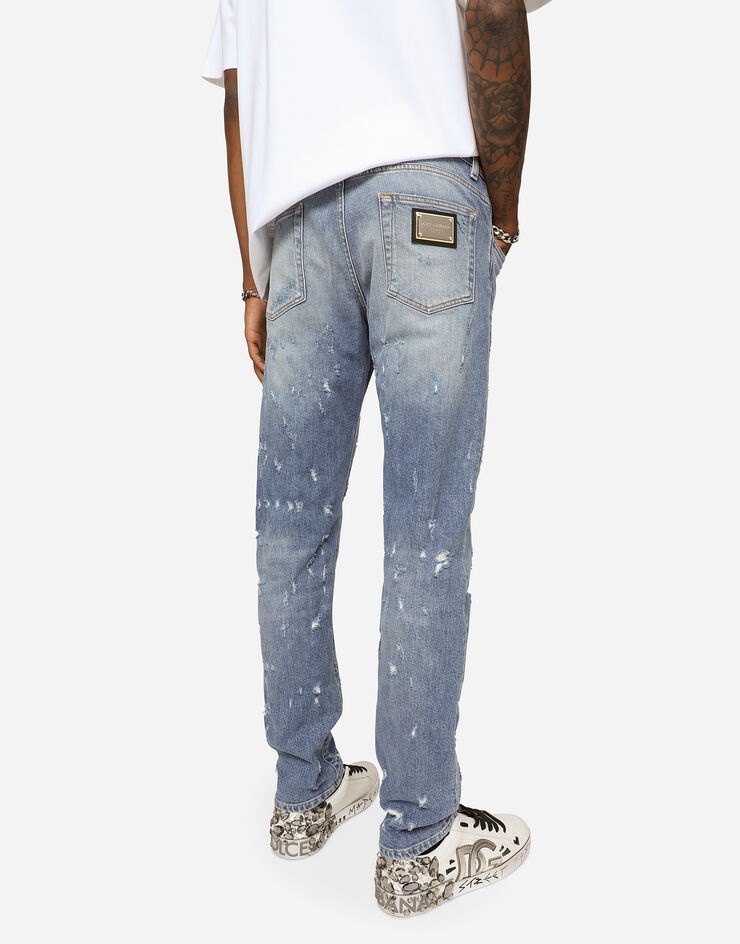 Slim-fit blue wash stretch jeans with abrasions - 4