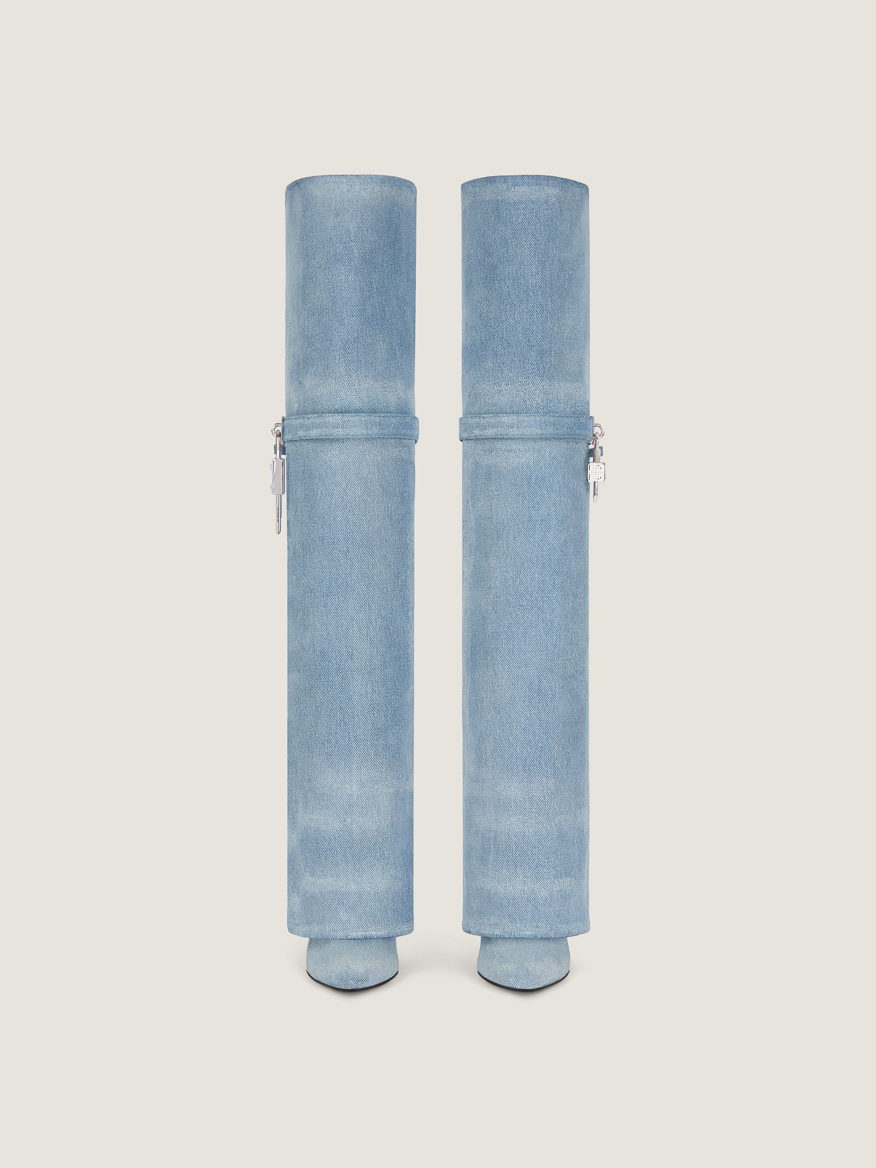 SHARK LOCK STILETTO OVER-THE-KNEE BOOTS IN WASHED DENIM - 3
