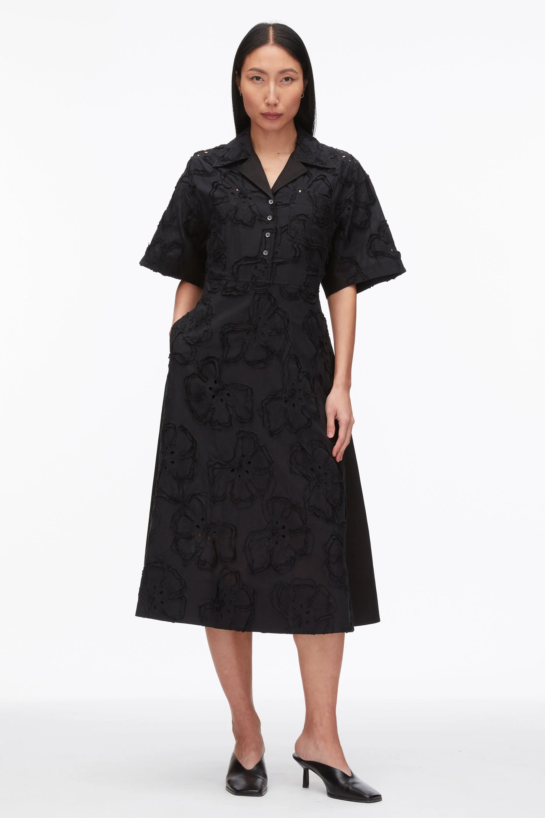 Embroidered Midi Shirt Dress - 1