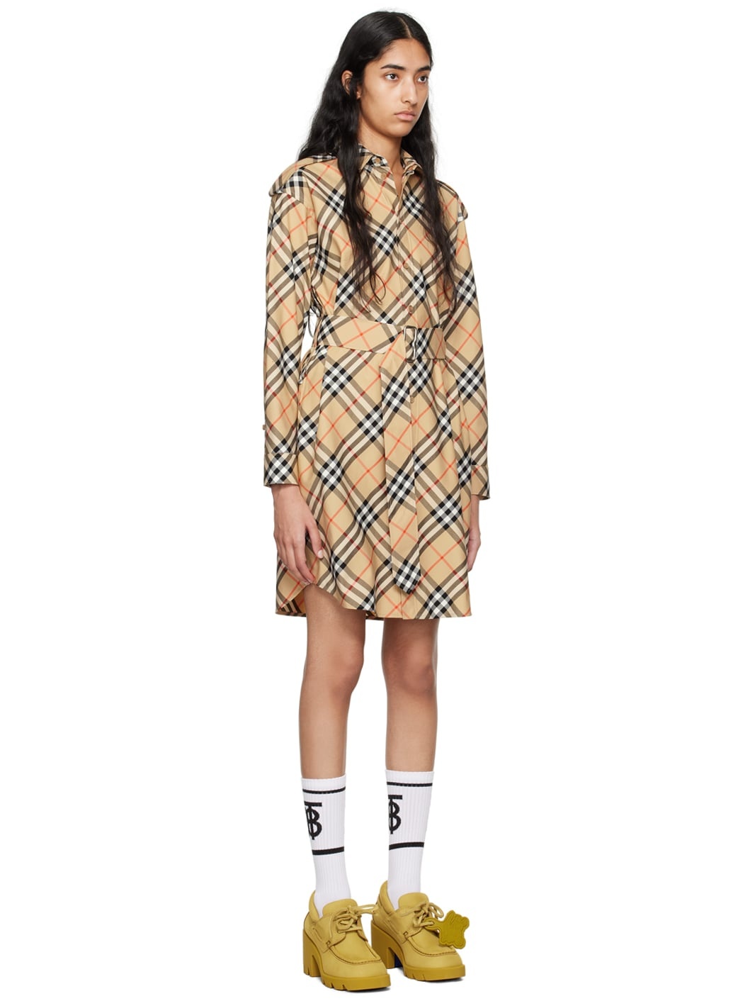 Beige Check Shirt Midi Dress - 2