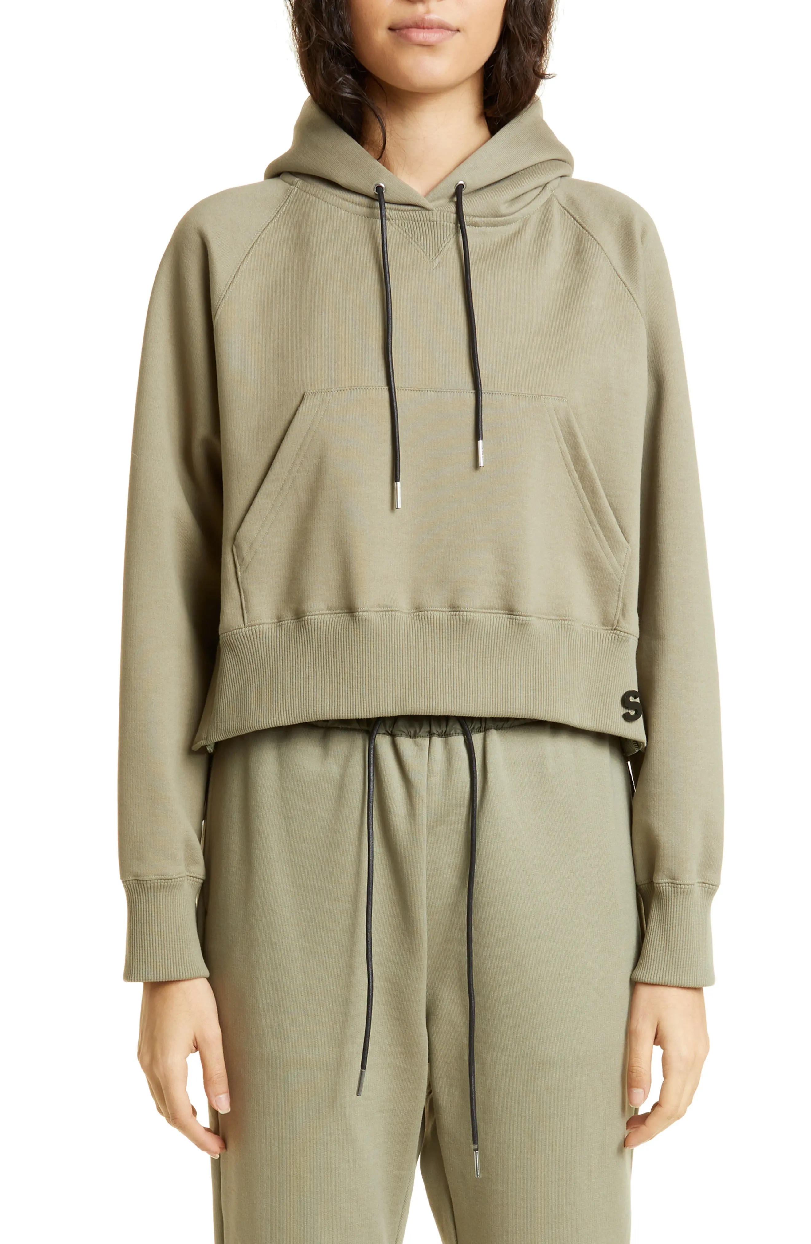 Mixed Media High-Low Cotton Jersey Hoodie in L/Khaki - 1