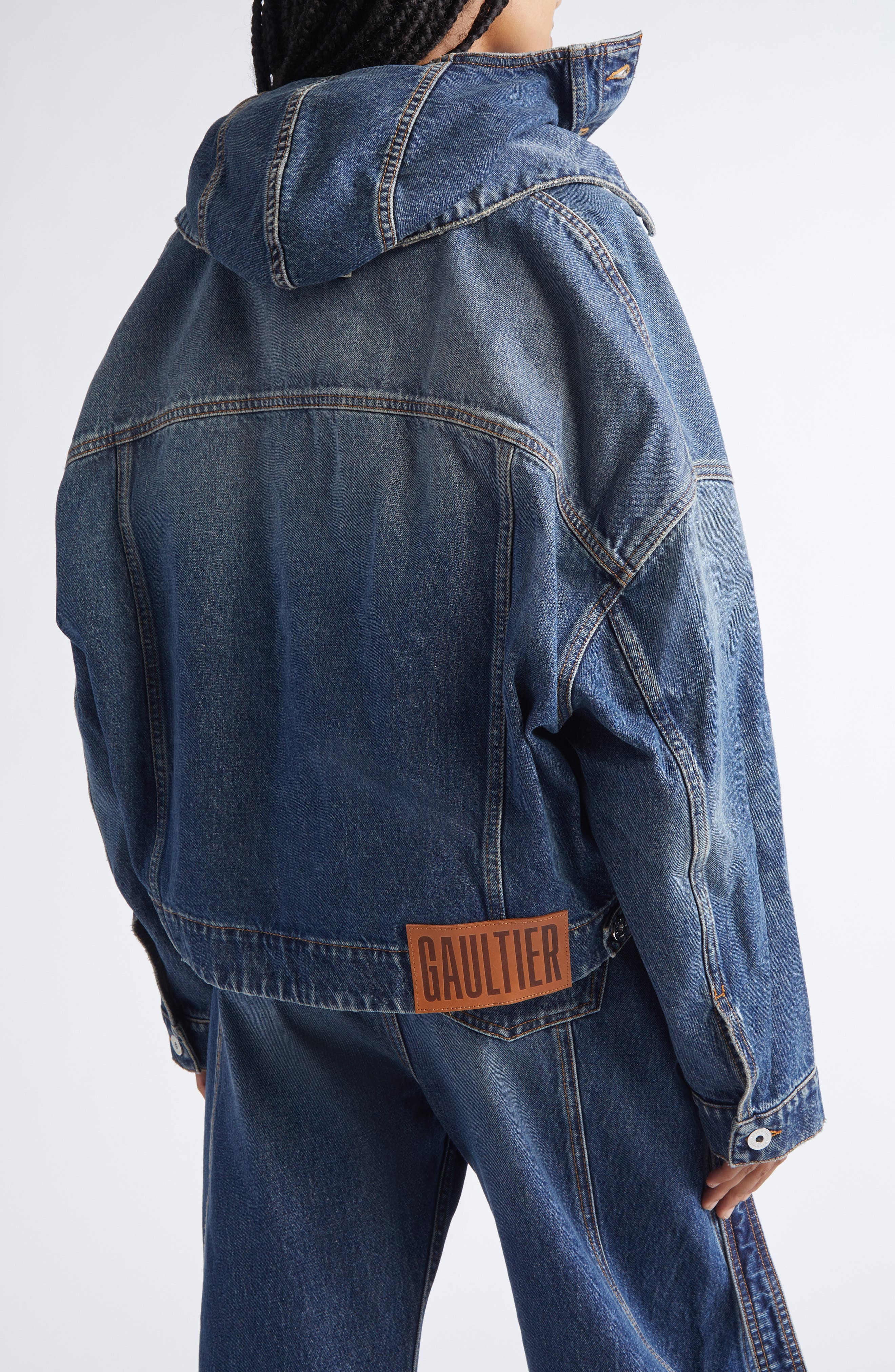 Jean Paul Gaultier Hooded Double Layer Denim Jacket in Vintage Blue at Nordstrom - 4