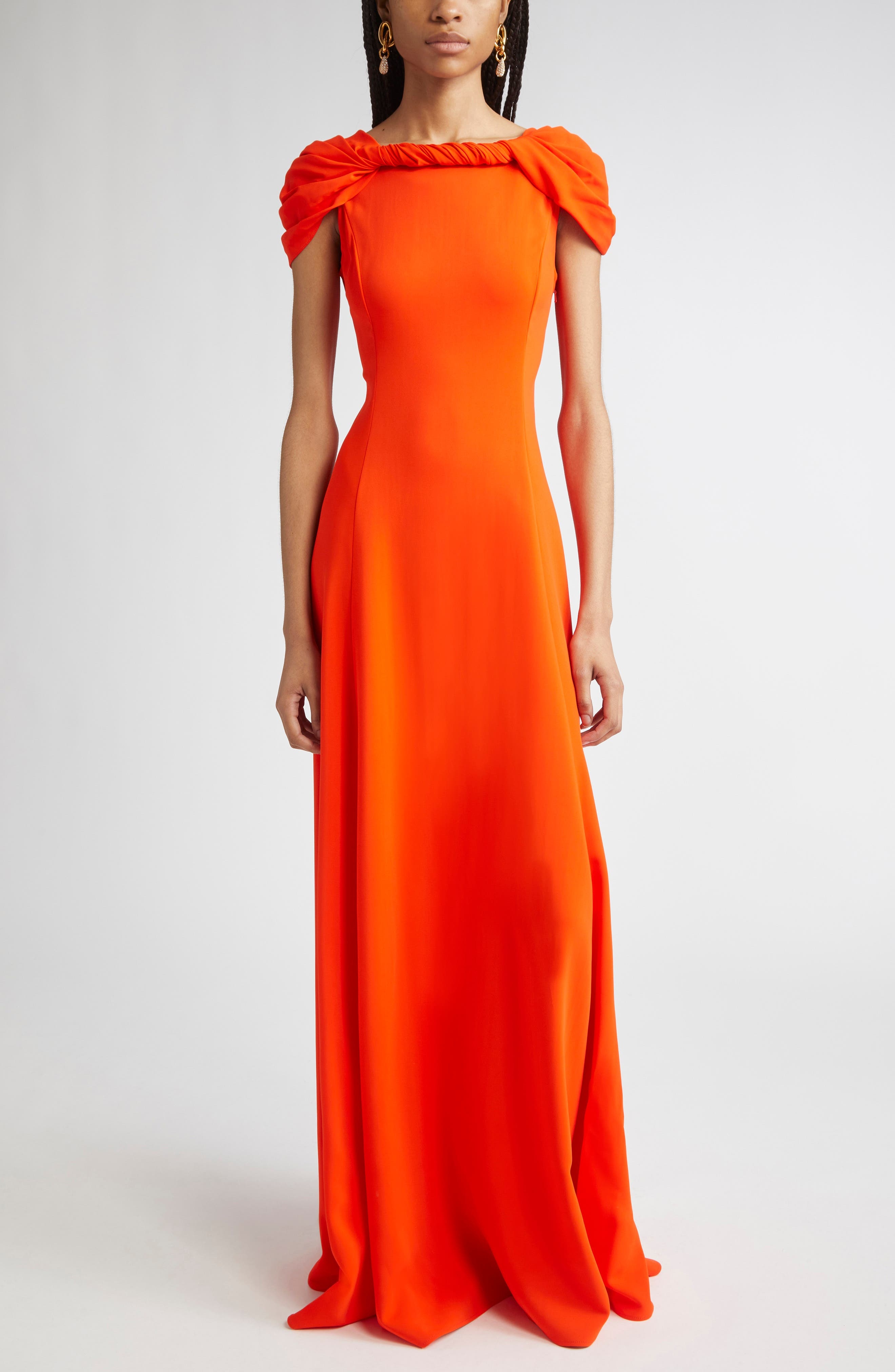 Oscar de la Renta Twist Detail Cap Sleeve Stretch Cady Gown in Carnelian at Nordstrom - 1