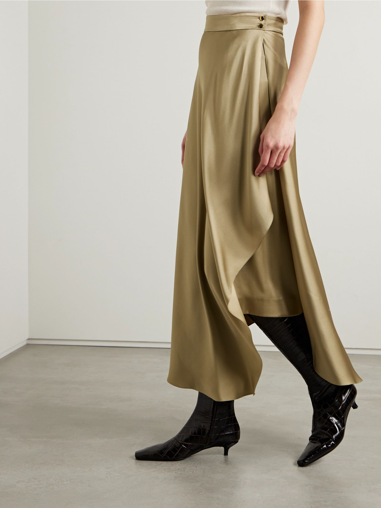 Layered silk-satin midi skirt Beige - 3
