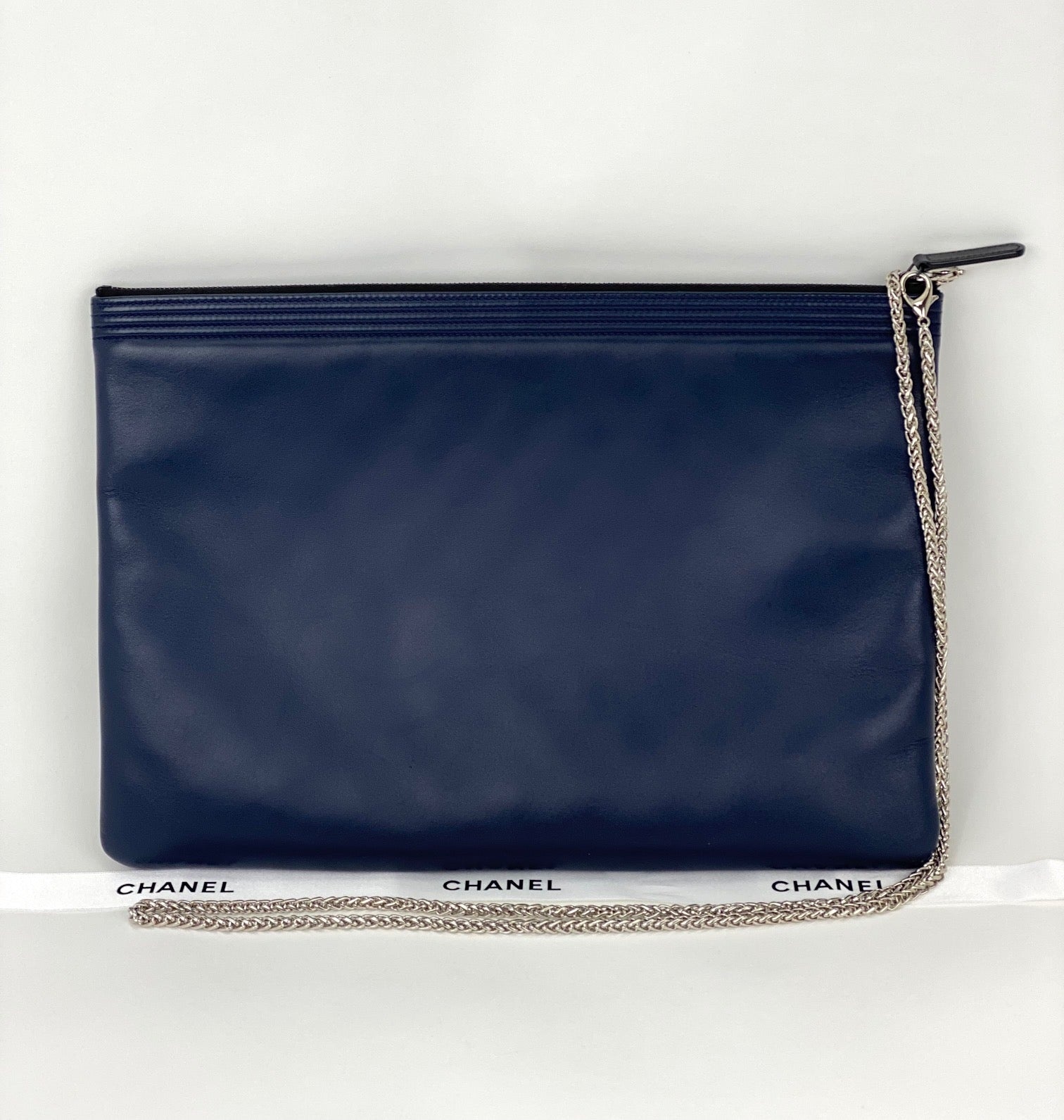 Chanel Quilted Lambskin Leather Black Blue Large Boy Zip Pouch Added Chain - 4