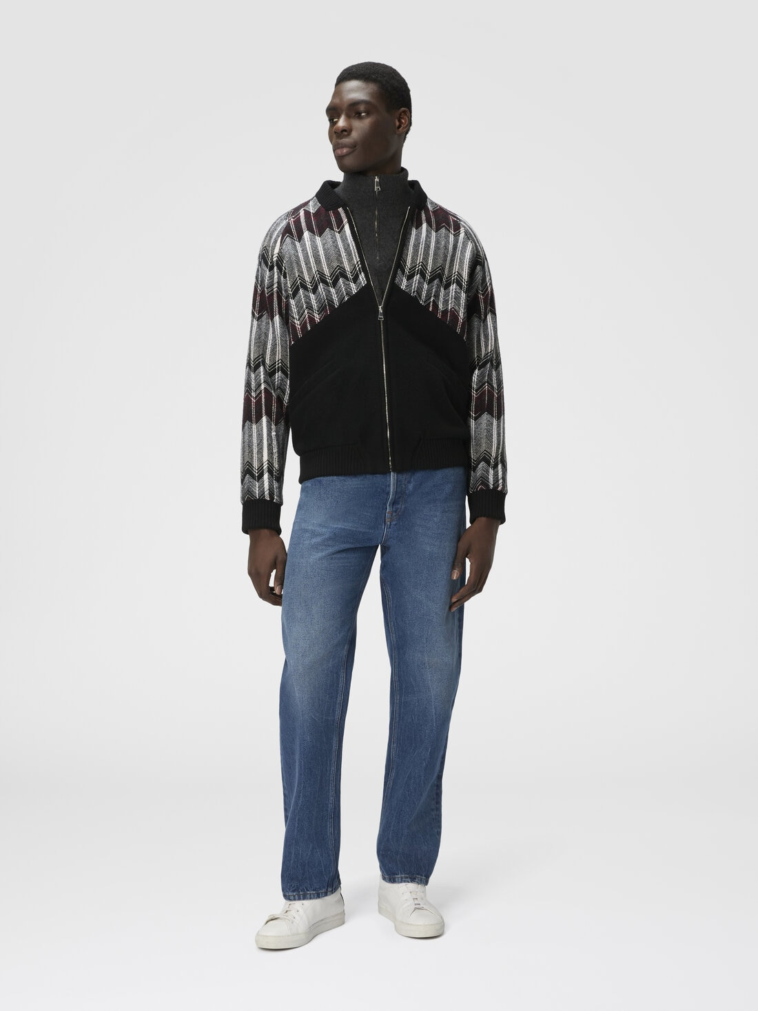 Bomber with Zigzag Insert in Wool Blend - 2